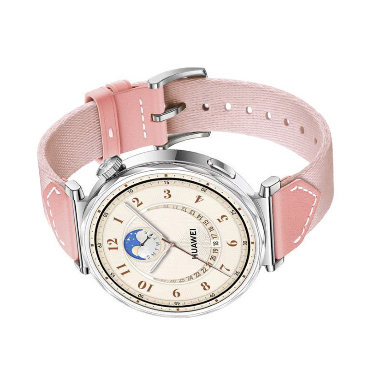 Runde Uhr mit weißem Zifferblatt, pinkfarbenes Armband, zeigt Zeit und Mondphase.