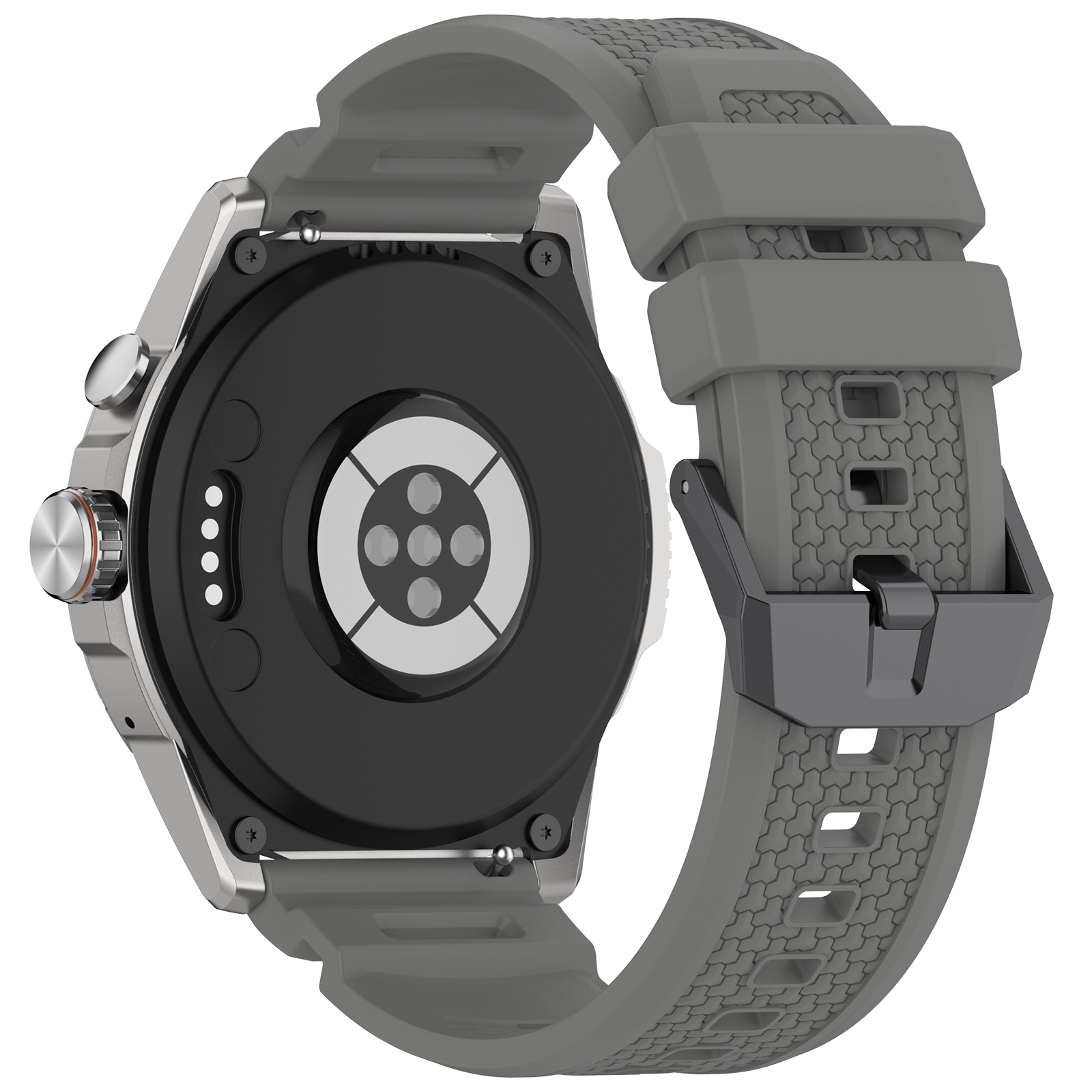 Eine graue Uhr und Armband. Die Rückseite der Uhr ist sichtbar. Weißer Hintergrund.