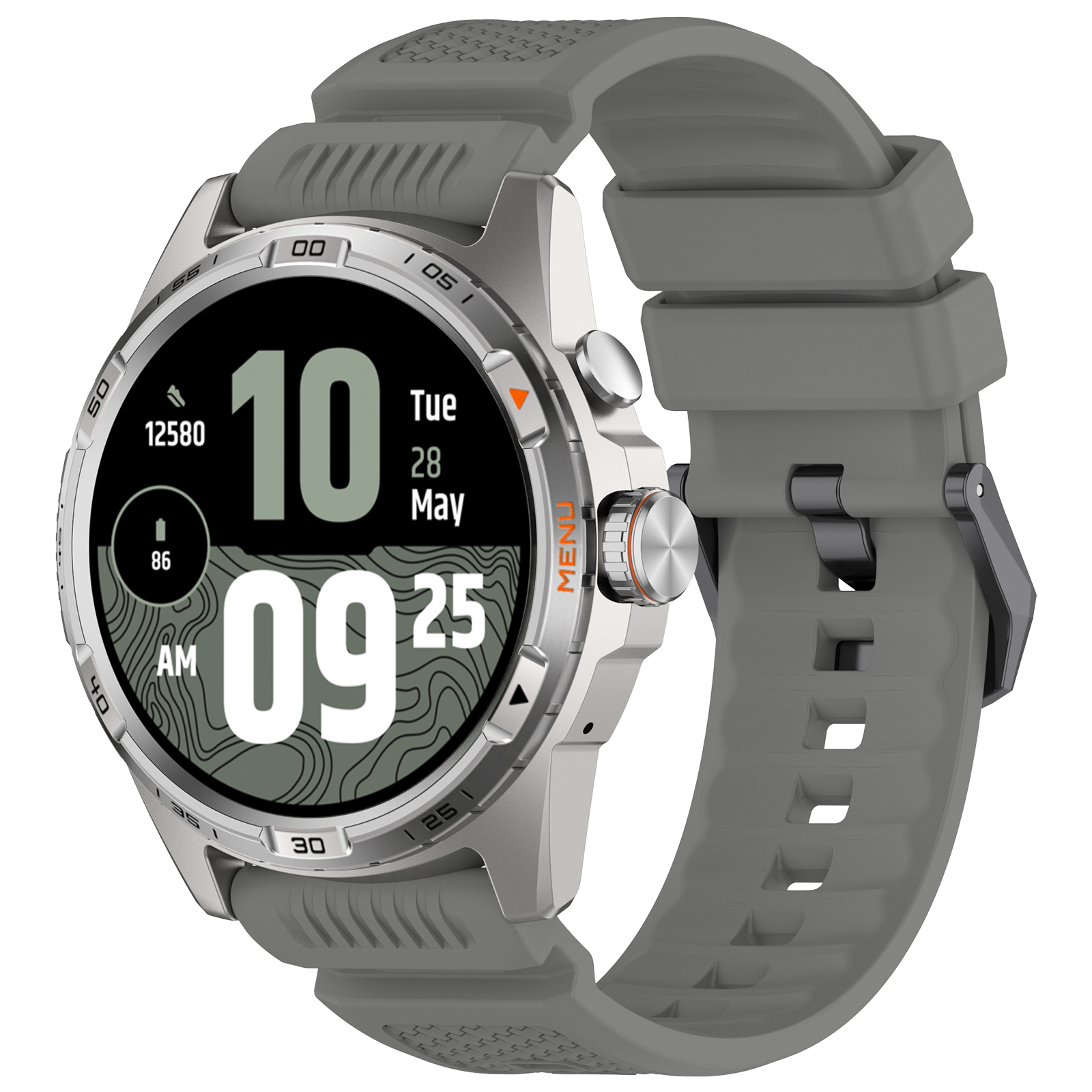 Graue Smartwatch mit grauem Armband, zeigt Uhrzeit und Datum auf schwarzem Bildschirm an.