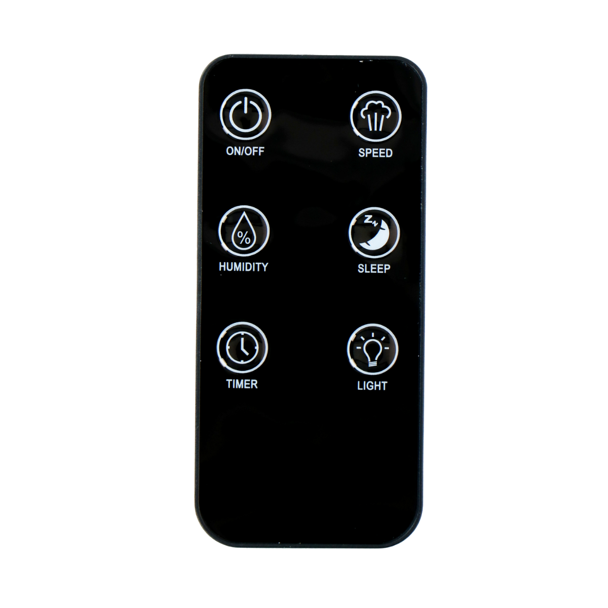 Black remote control with white icons for power, speed, humidity, sleep, timer, and light.