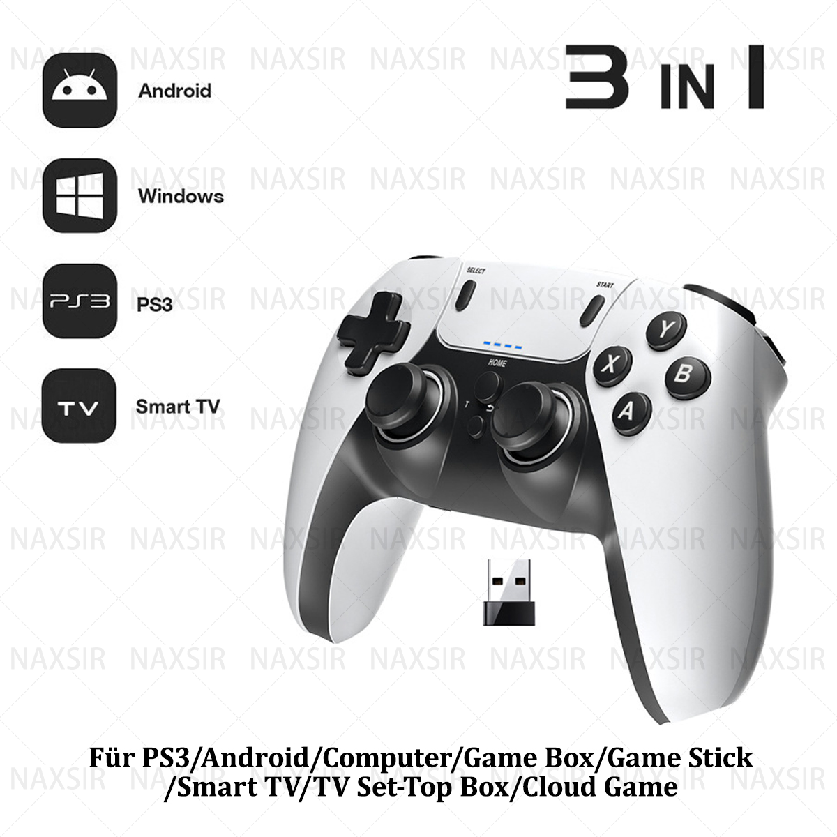 Weißer Gamecontroller mit Knöpfen und USB-Anschluss. Oben steht '3 IN 1', unten 'Für PS3/Android/...'
