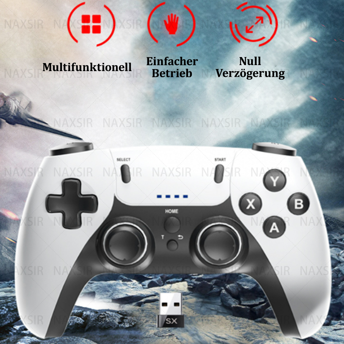 Ein Gamecontroller mit verschiedenen Tasten und einem USB-Adapter, mit Symbolen für Multifunktion, einfache Bedienung und keine Verzögerung.