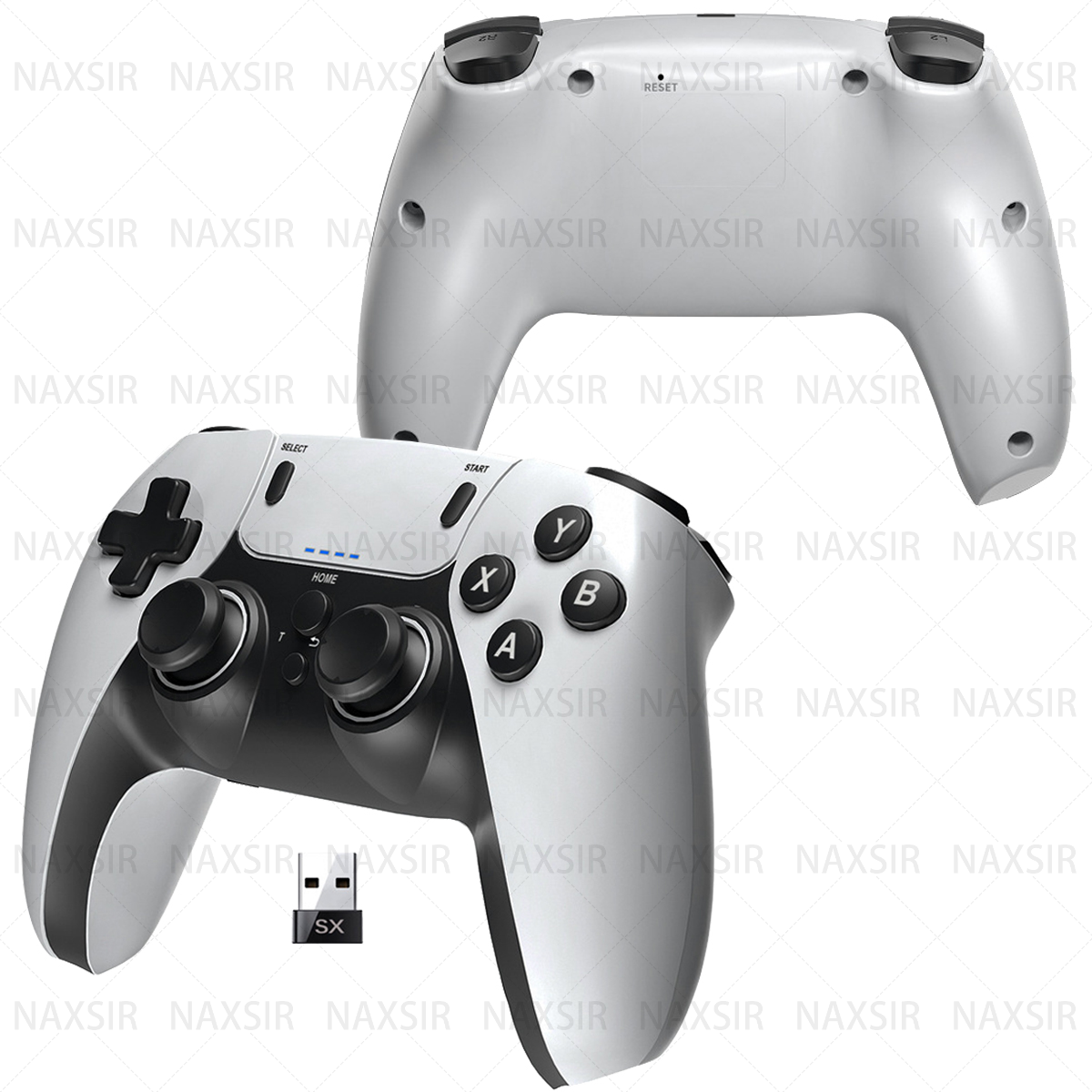 Zwei Gamecontroller, weiß und schwarz, mit Tasten und einem USB-Adapter, Vorder- und Rückseite zeigend.