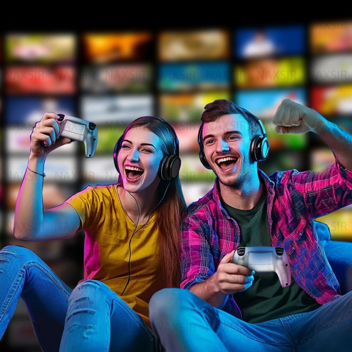 Zwei Personen spielen ein Spiel, halten Gamecontroller und tragen Kopfhörer, lächeln und lachen.