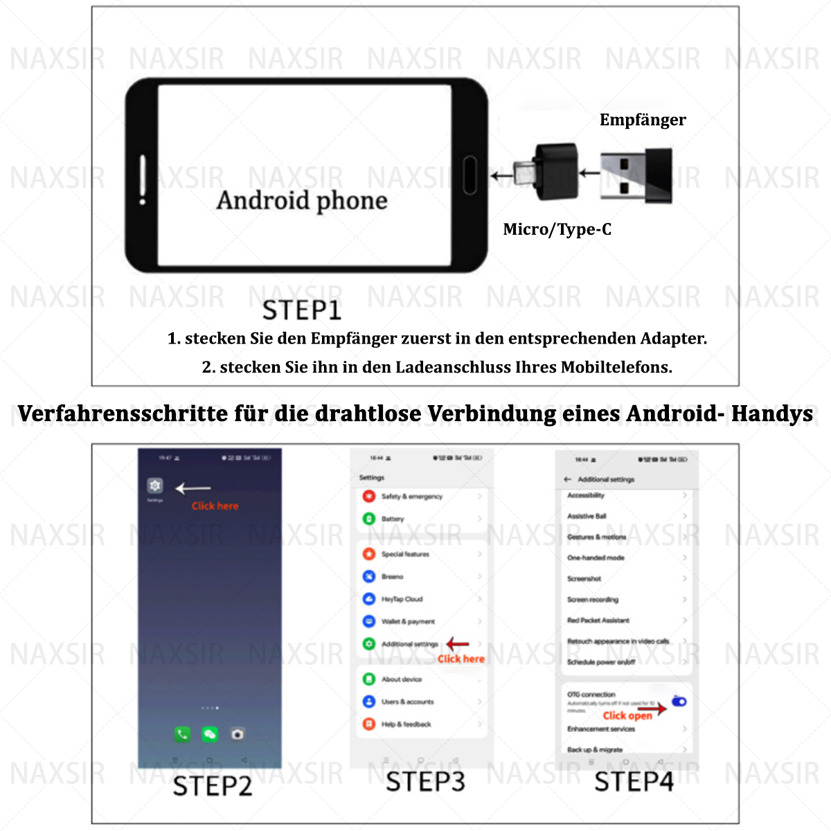 Ein Diagramm, das zeigt, wie man ein Android-Telefon mit einem Empfänger verbindet, mit Schritt-für-Schritt-Anweisungen.