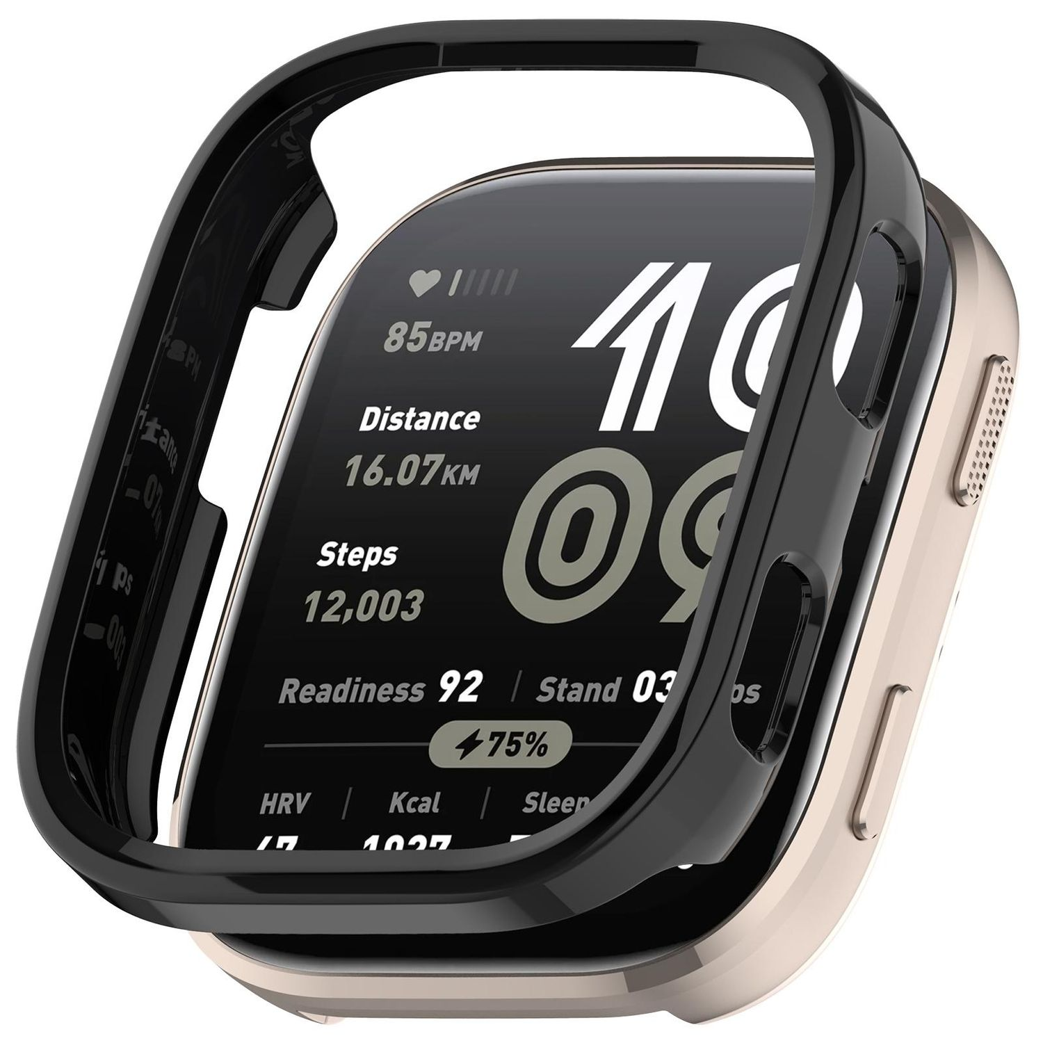 Smartwatch mit schwarzem Gehäuse und Lünette, das Gesundheitsmetriken auf seinem Bildschirm anzeigt.