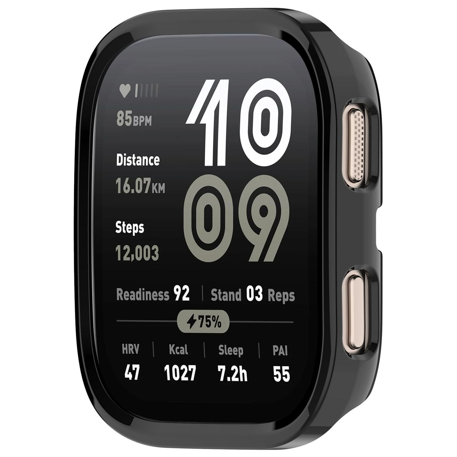 Nahaufnahme einer Smartwatch mit schwarzer Lünette, die Gesundheitsmetriken anzeigt, mit goldenem Gehäuse.