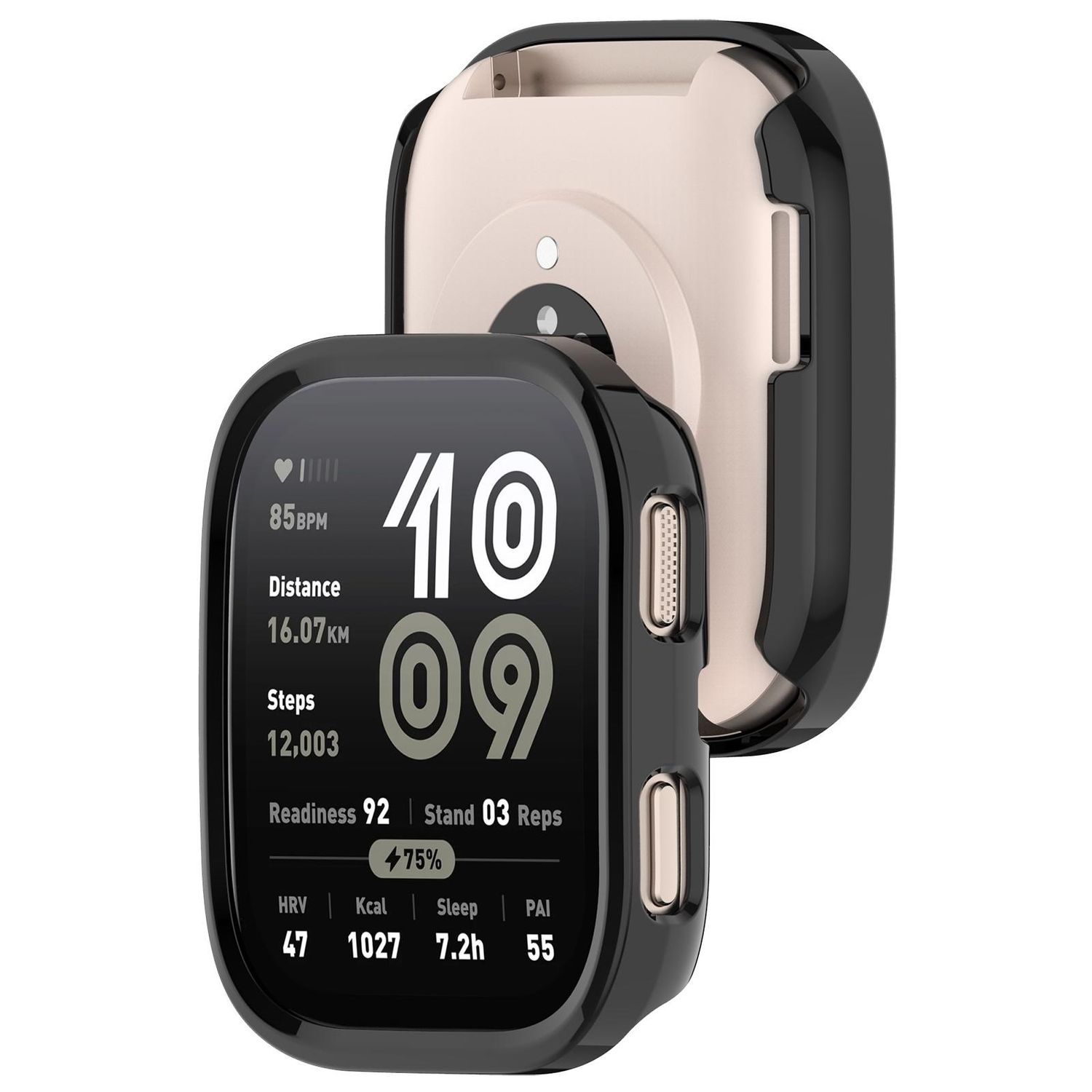 Eine Smartwatch mit Datendisplay, geschützt durch eine schwarze Hülle. Die Hülle ist geöffnet und sichtbar.