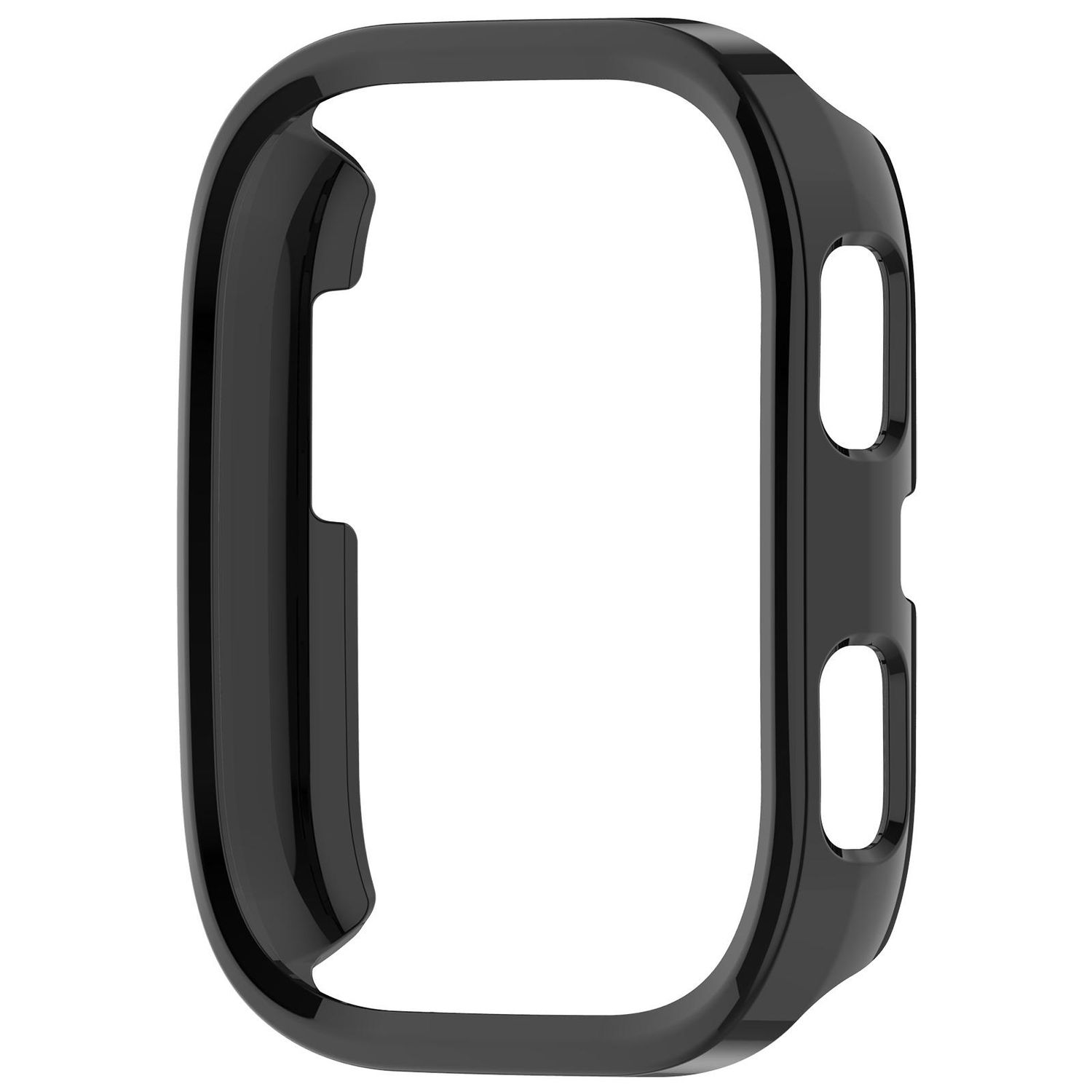 Eine schwarze Smartwatch-Hülle. Die Hülle hat Öffnungen für die Knöpfe und Sensoren der Uhr.
