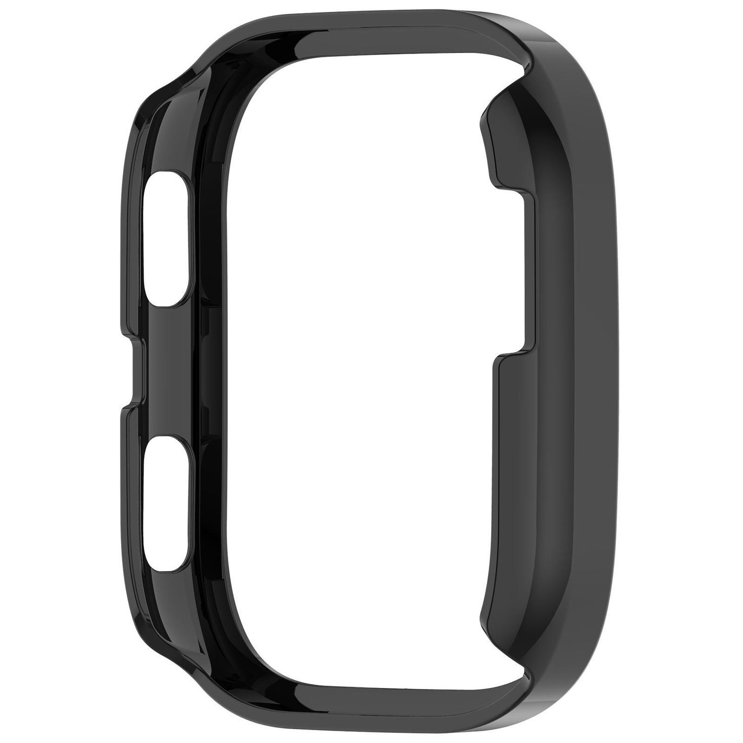 Eine schwarze Smartwatch-Hülle. Die Hülle hat Öffnungen für die Knöpfe und Sensoren der Uhr.