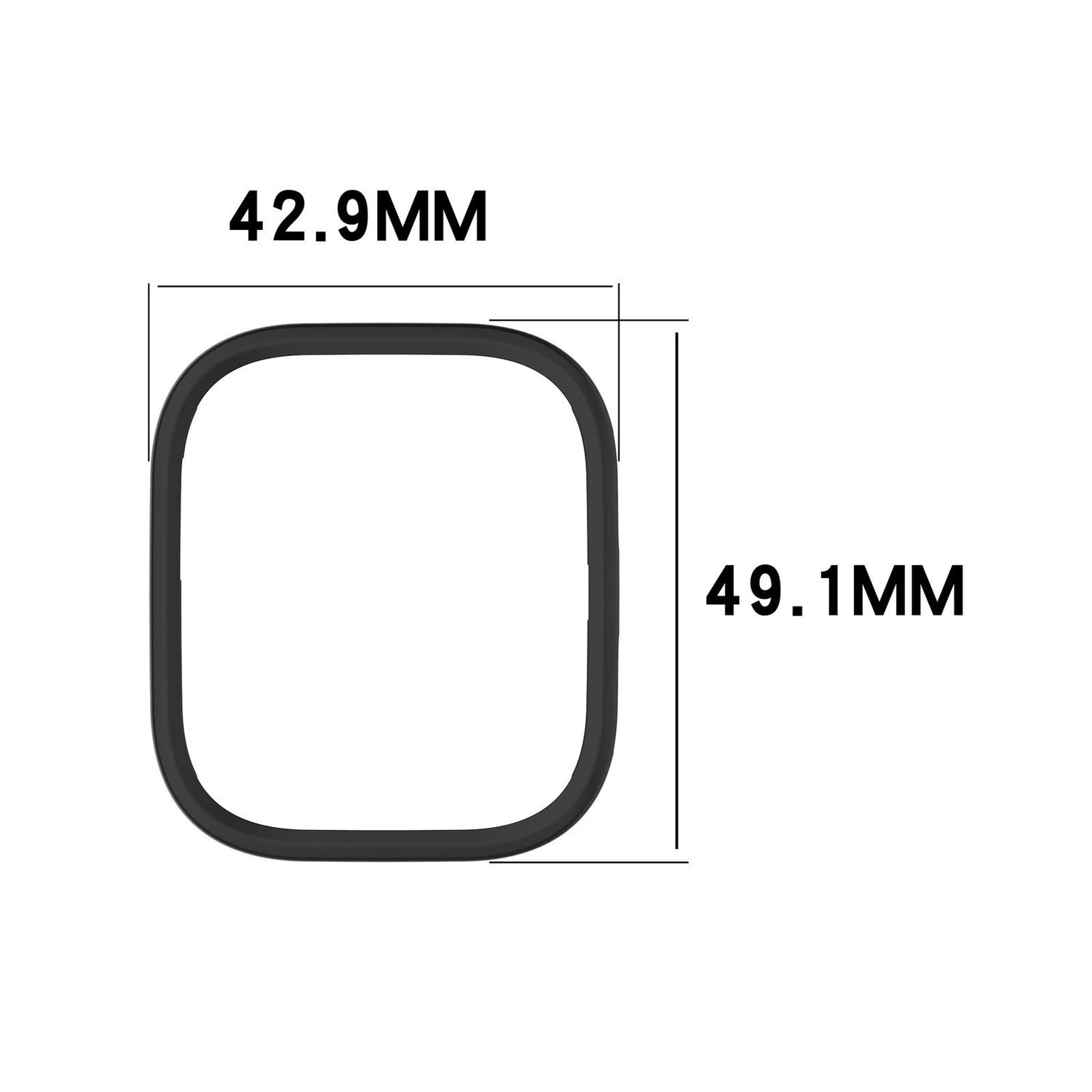 Schwarzes Quadrat mit abgerundeten Ecken, Abmessungen 42,9 mm x 49,1 mm, vor weißem Hintergrund.