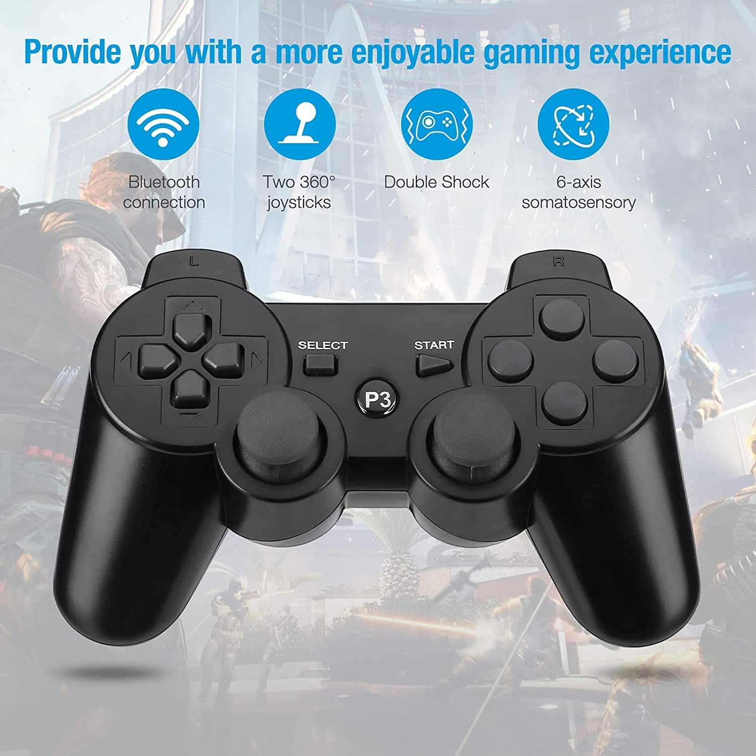 Schwarzer Gamecontroller mit Knöpfen und Joysticks. Symbole für Bluetooth, Joysticks, Doppelschock und somatosensorisch.