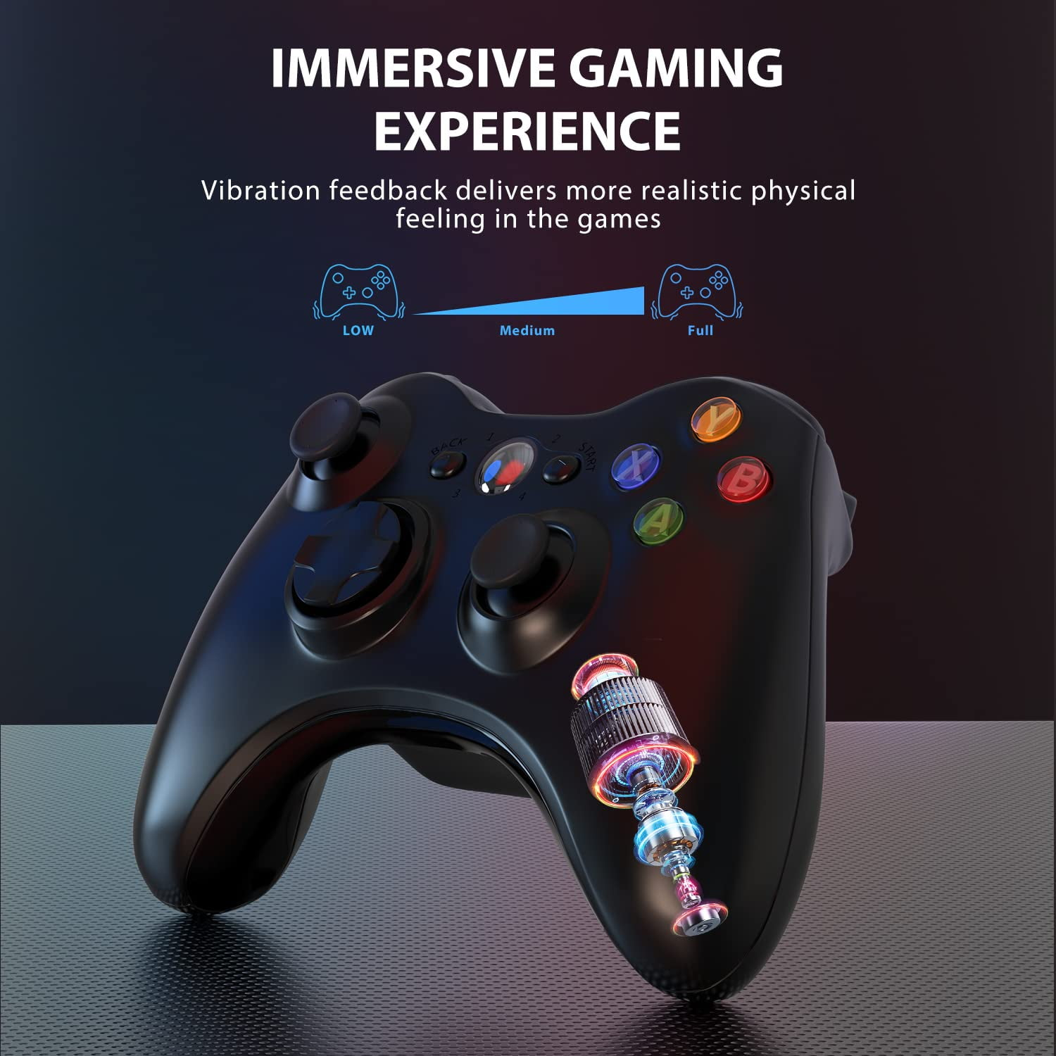 Schwarzer Gamecontroller mit Knöpfen und Joysticks, mit Diagramm zur Vibrationsintensität.