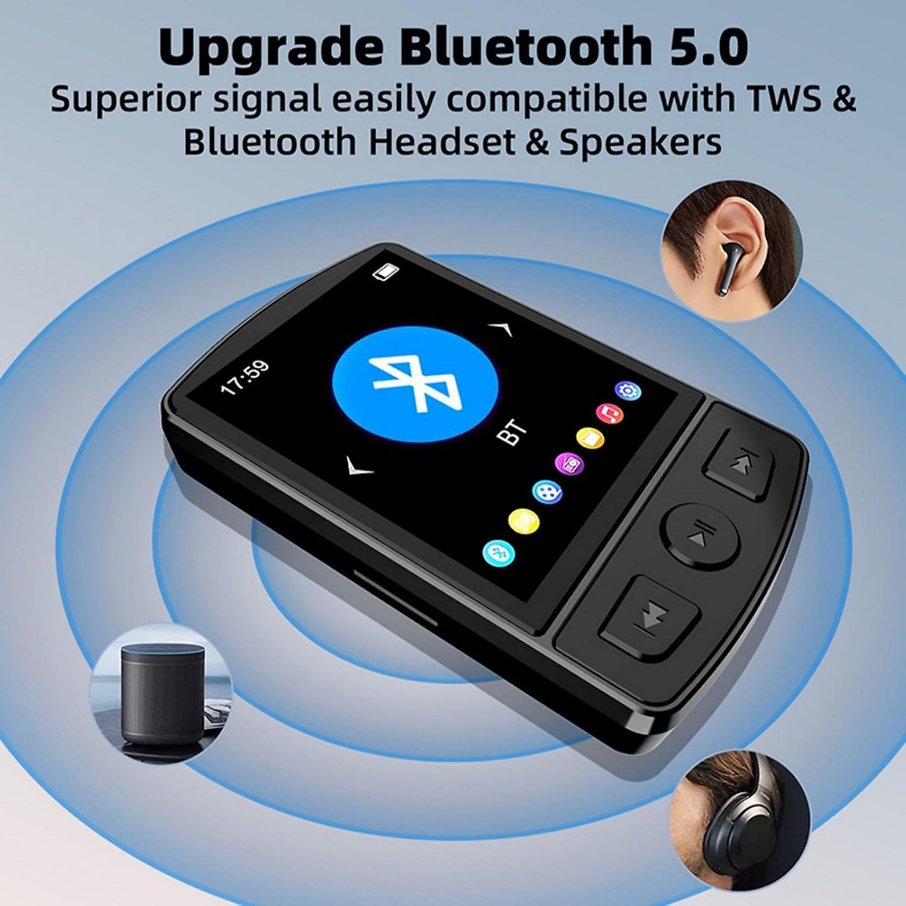 Schwarzes Gerät mit Bildschirm, Kopfhörern und Lautsprecher mit Text zu Bluetooth 5.0. Blaue Signalwellen drumherum.