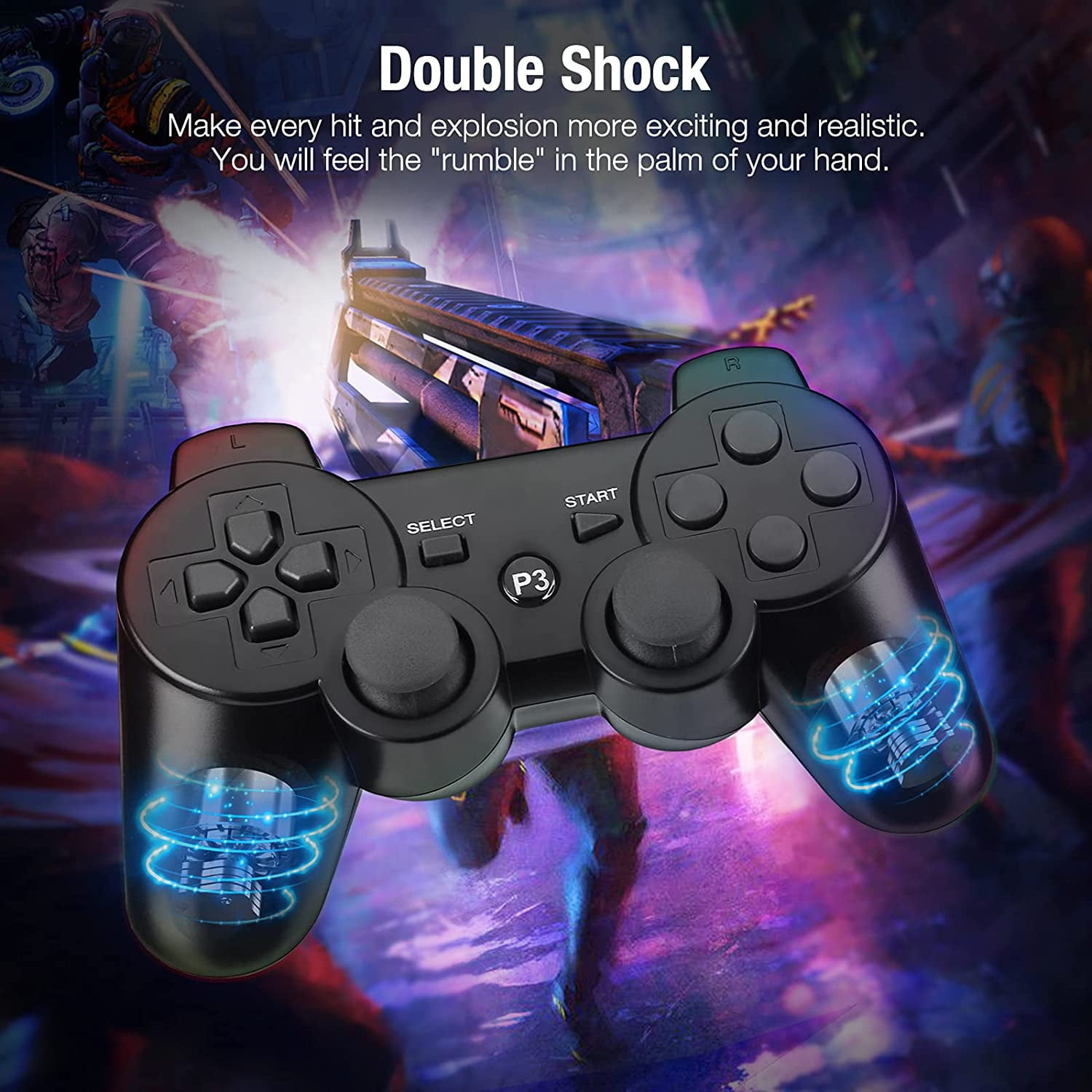Schwarzer Gamecontroller mit beschrifteten Tasten und blauen Energieeffekten. Der Text lautet: Double Shock.