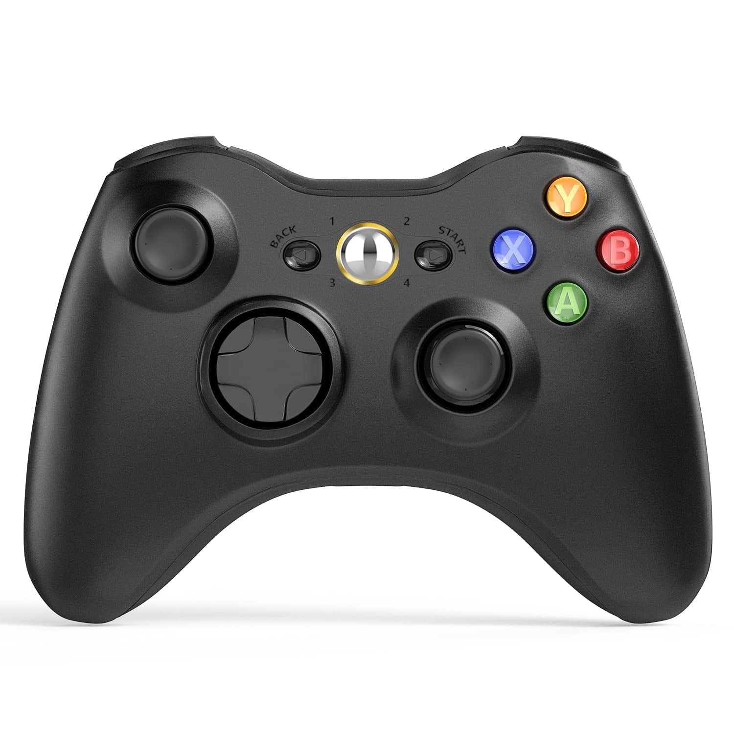 Schwarzer Gamecontroller mit nummerierten und farbigen Tasten. Der Controller ist vor weißem Hintergrund.