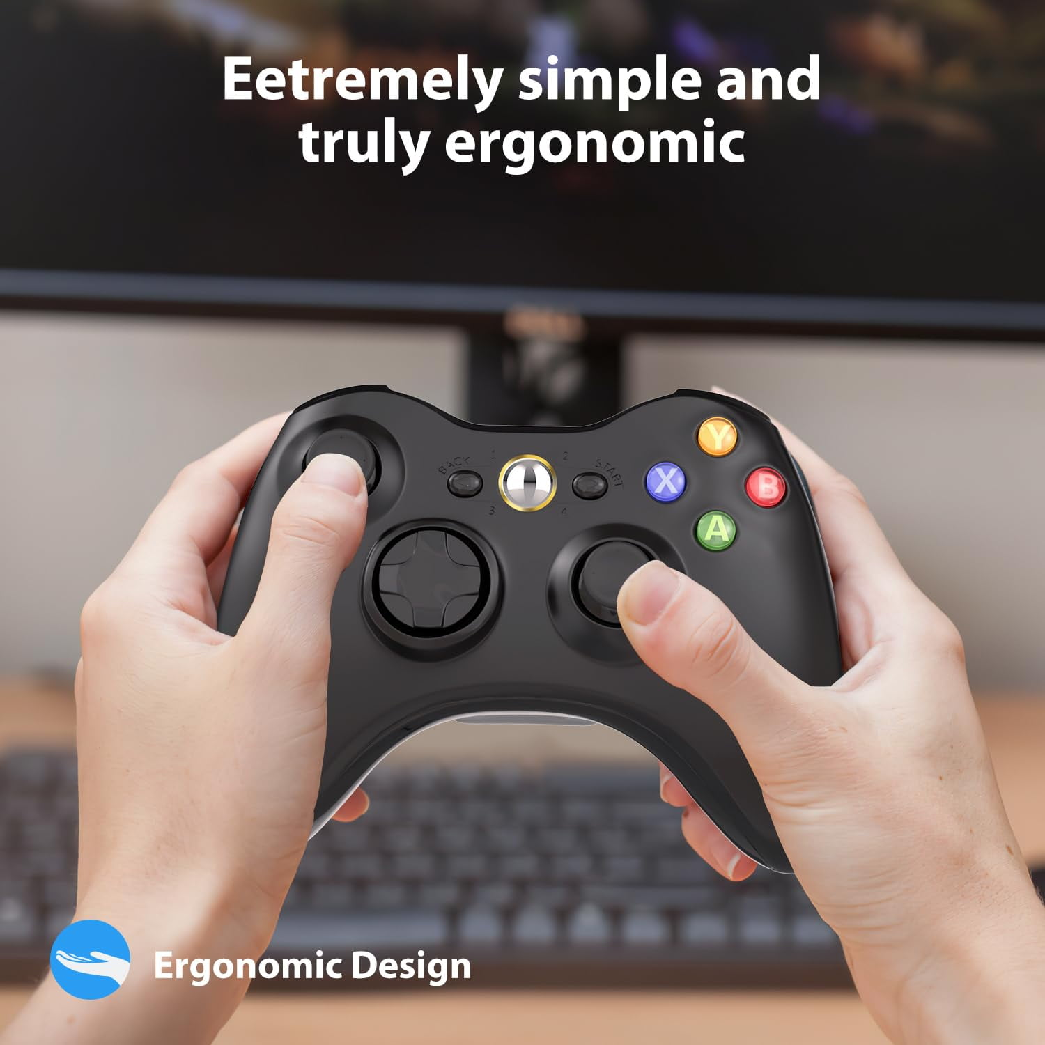 Hände halten einen schwarzen Gamecontroller mit mehreren Tasten. Text: Extrem einfach und ergonomisch.