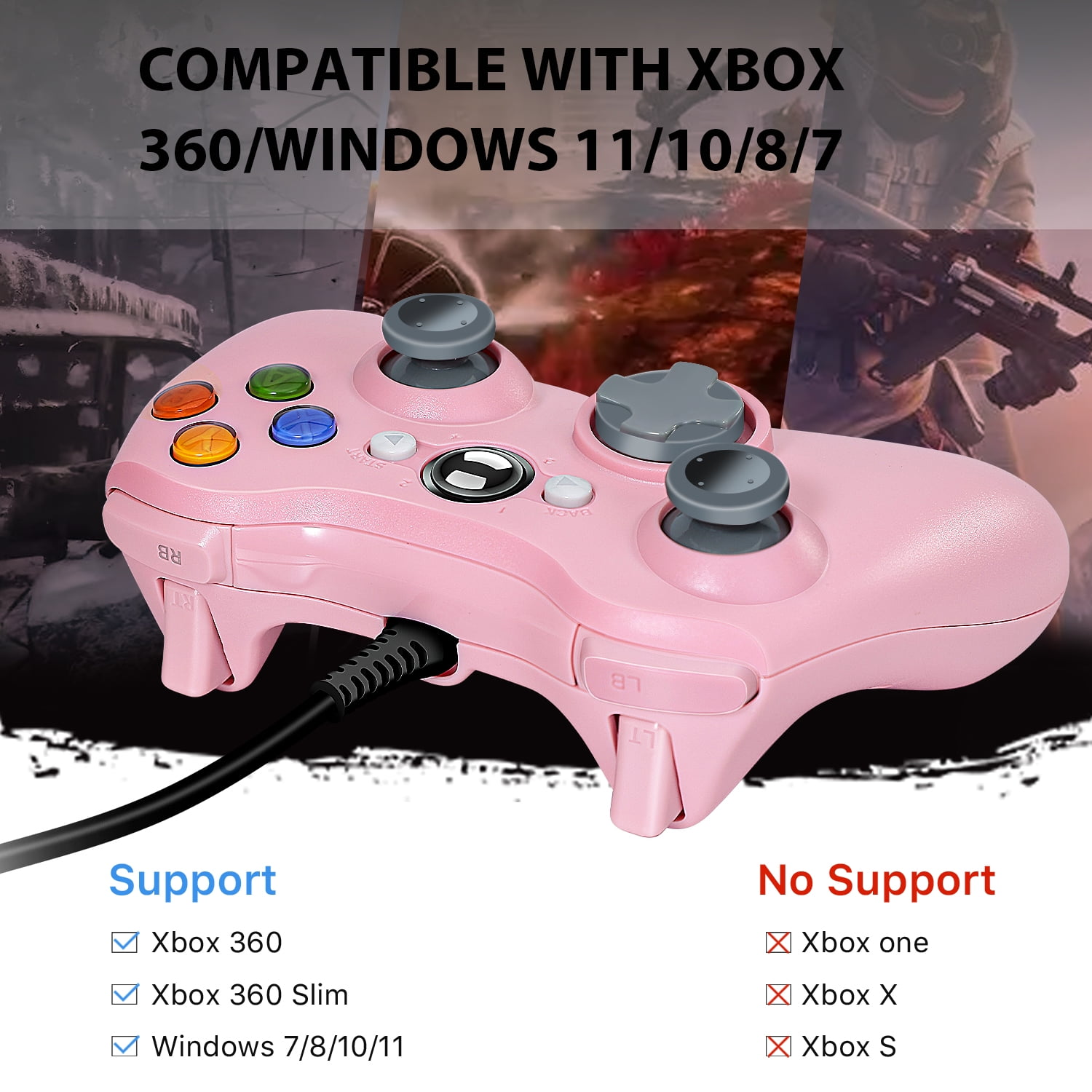 Ein rosa Xbox 360-Controller mit Text, der die Kompatibilität mit Xbox 360 und Windows zeigt.