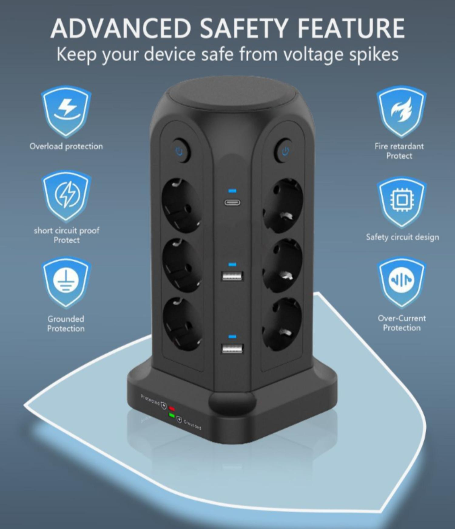 Schwarze Steckdosenleiste mit mehreren Steckdosen, USB-Anschlüssen und Sicherheitsmerkmal-Symbolen. Vertikal.