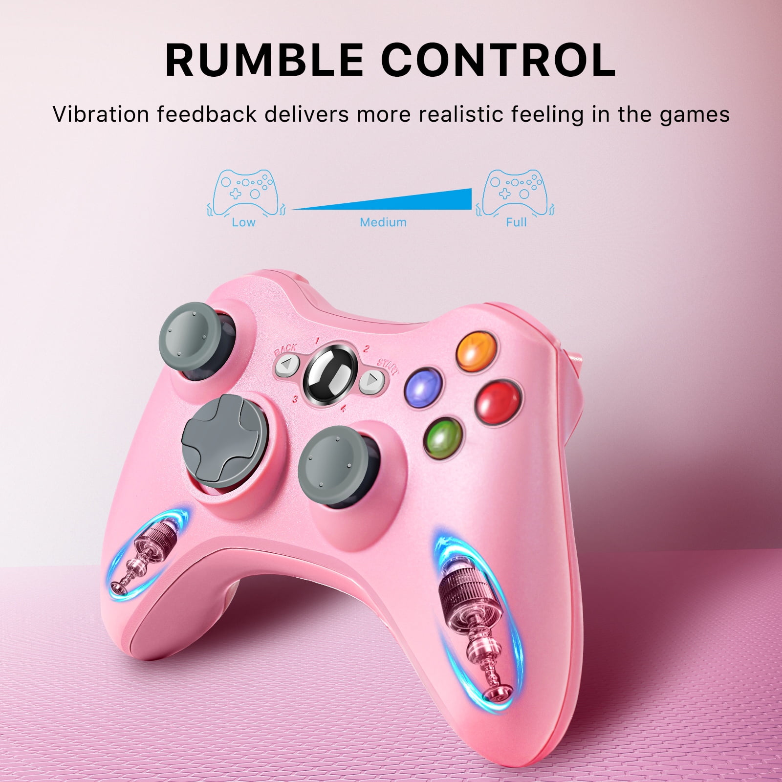 Rosa Gamecontroller mit Rumble-Steuerung, mit niedrigen, mittleren und vollen Vibrationseinstellungen.