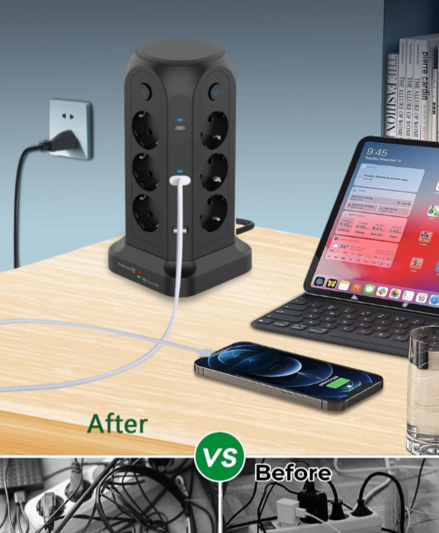 Eine schwarze Steckdosenleiste mit mehreren Steckdosen und ein ladendes Telefon stehen auf einem Schreibtisch.