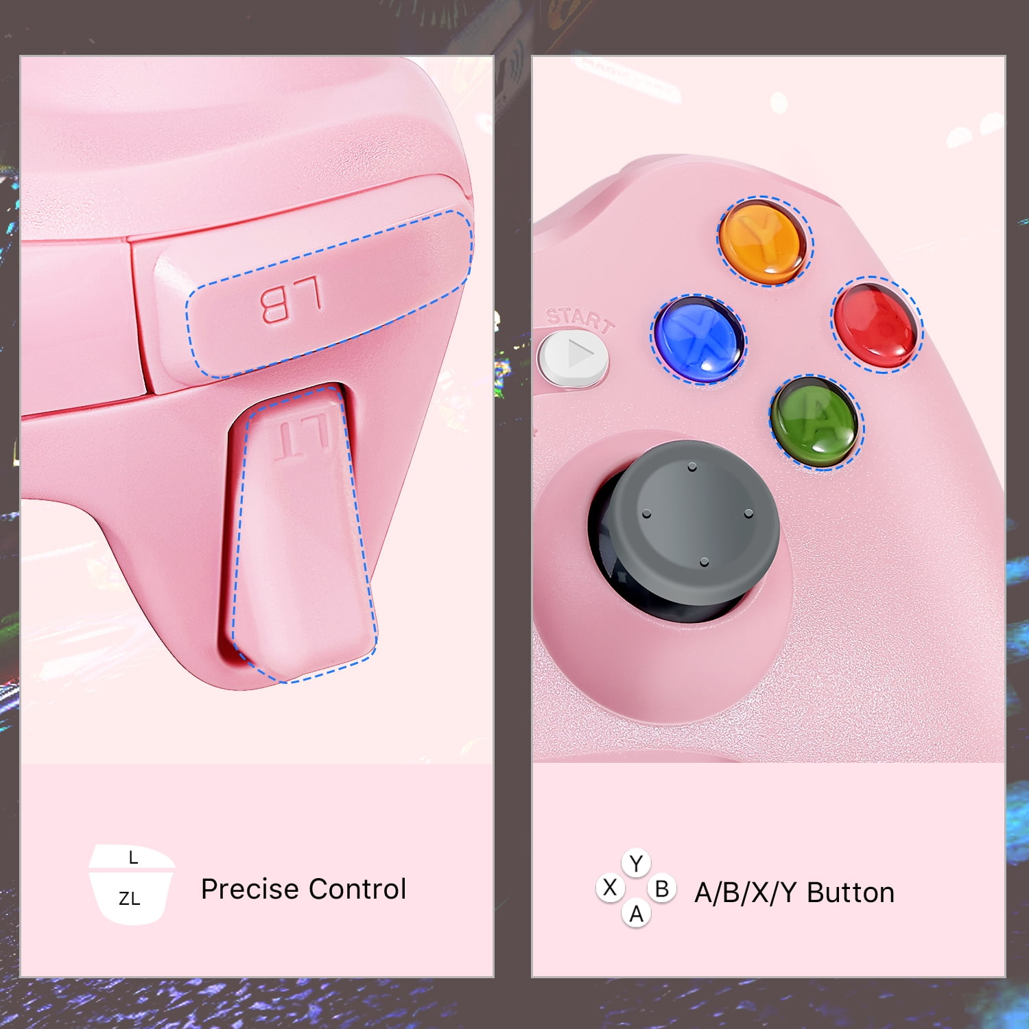 Nahaufnahmen eines rosa Gamecontrollers: Knöpfe, Trigger und Joystick-Details werden gezeigt.