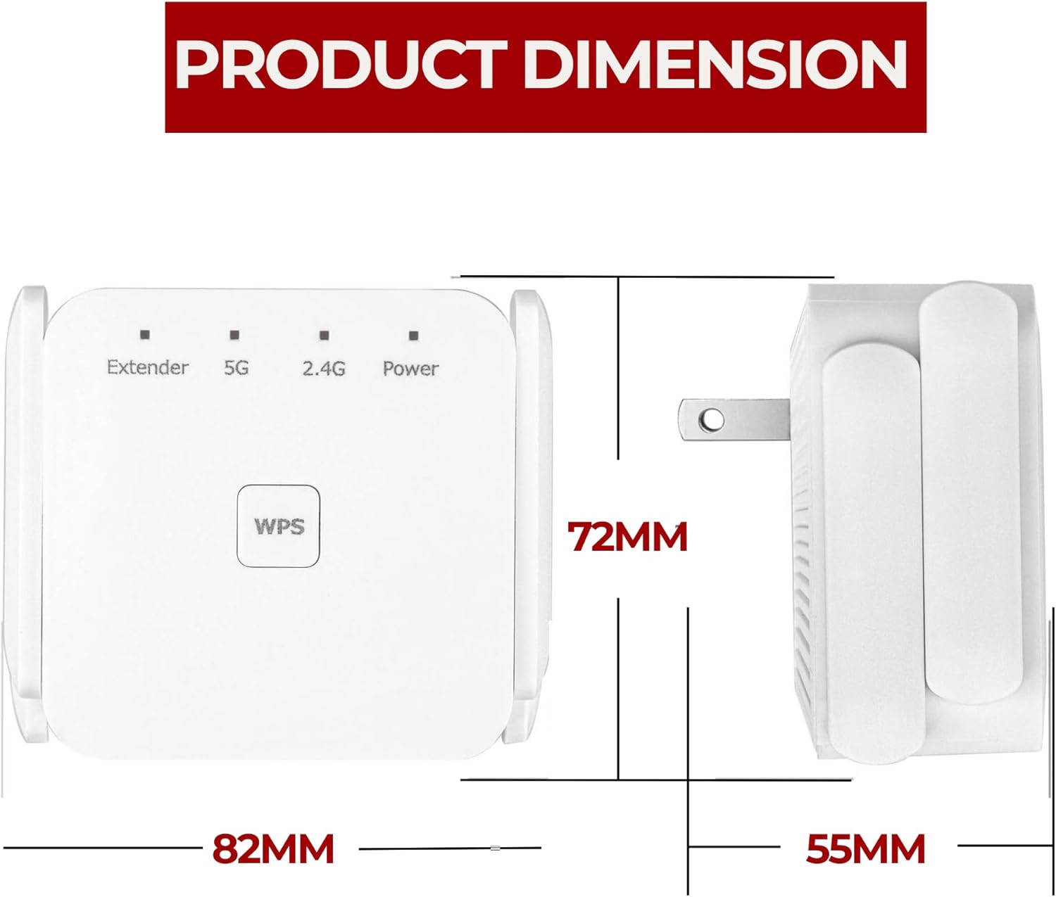 WLAN-Extender mit Abmessungen. Seiten- und Vorderansicht. Weißer Hintergrund mit schwarzem Text.