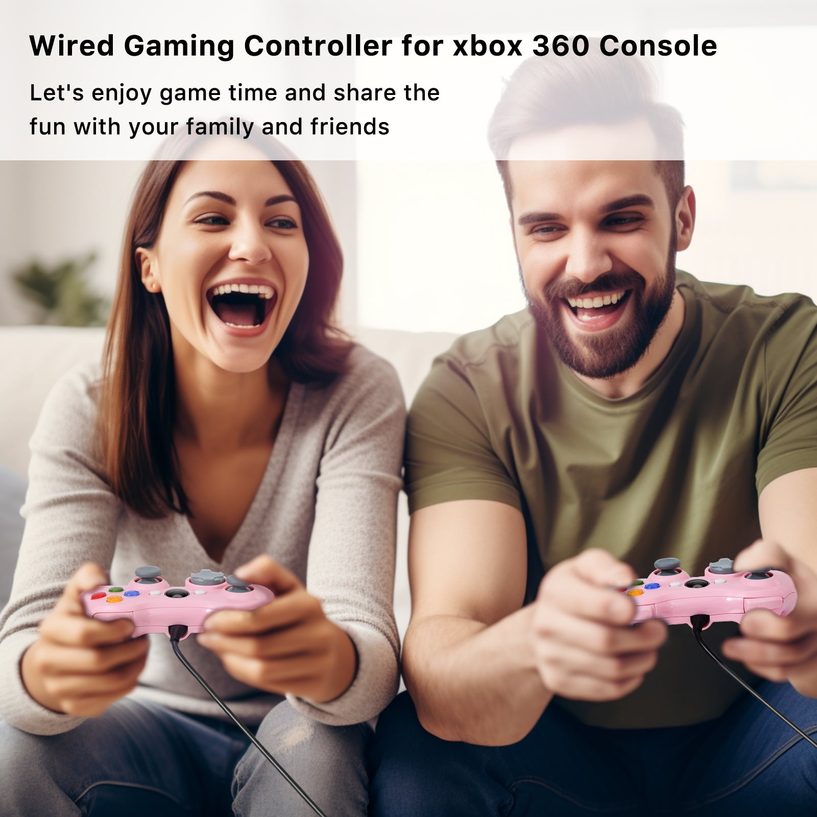 Zwei Personen spielen freudig Spiele mit rosa Controllern und genießen die gemeinsame Spielzeit.
