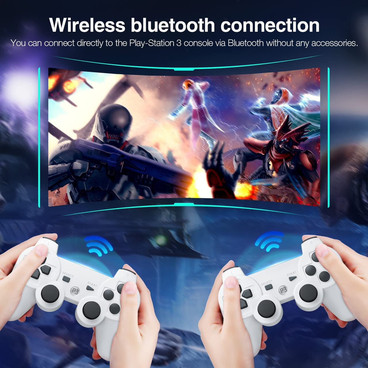 Hände halten zwei weiße Gamecontroller. Grafiken eines Spiels sind auf einem Bildschirm sichtbar.