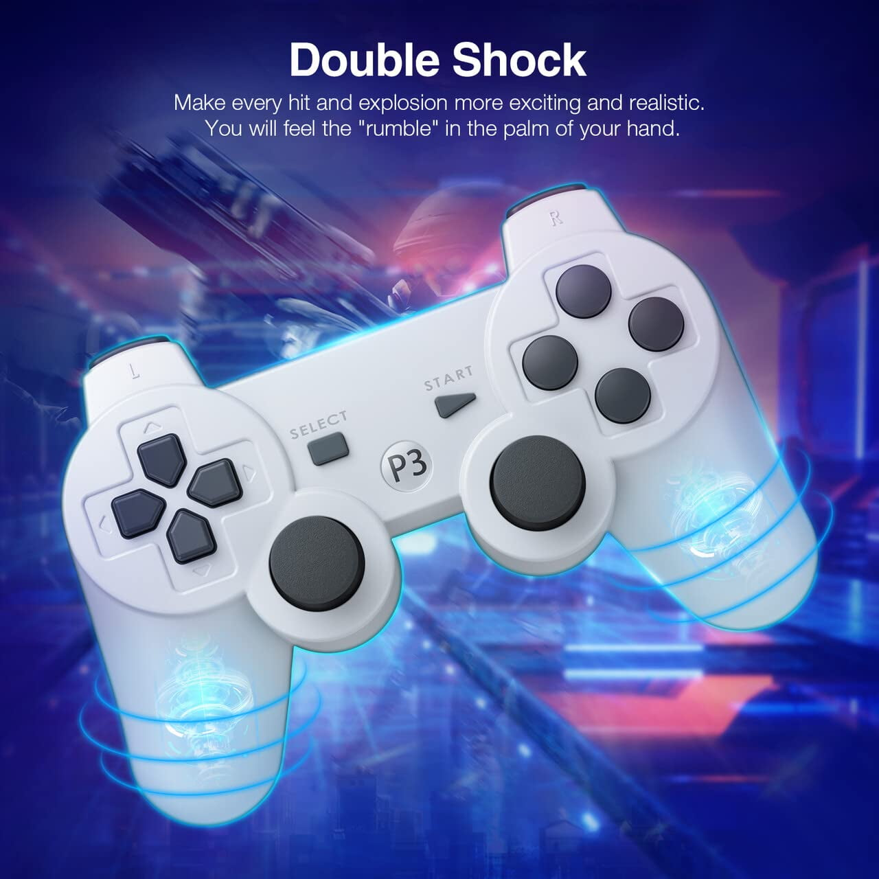 Weißer Gamecontroller mit blauen Akzenten. Der Controller hat einen dynamischen Leuchteffekt.