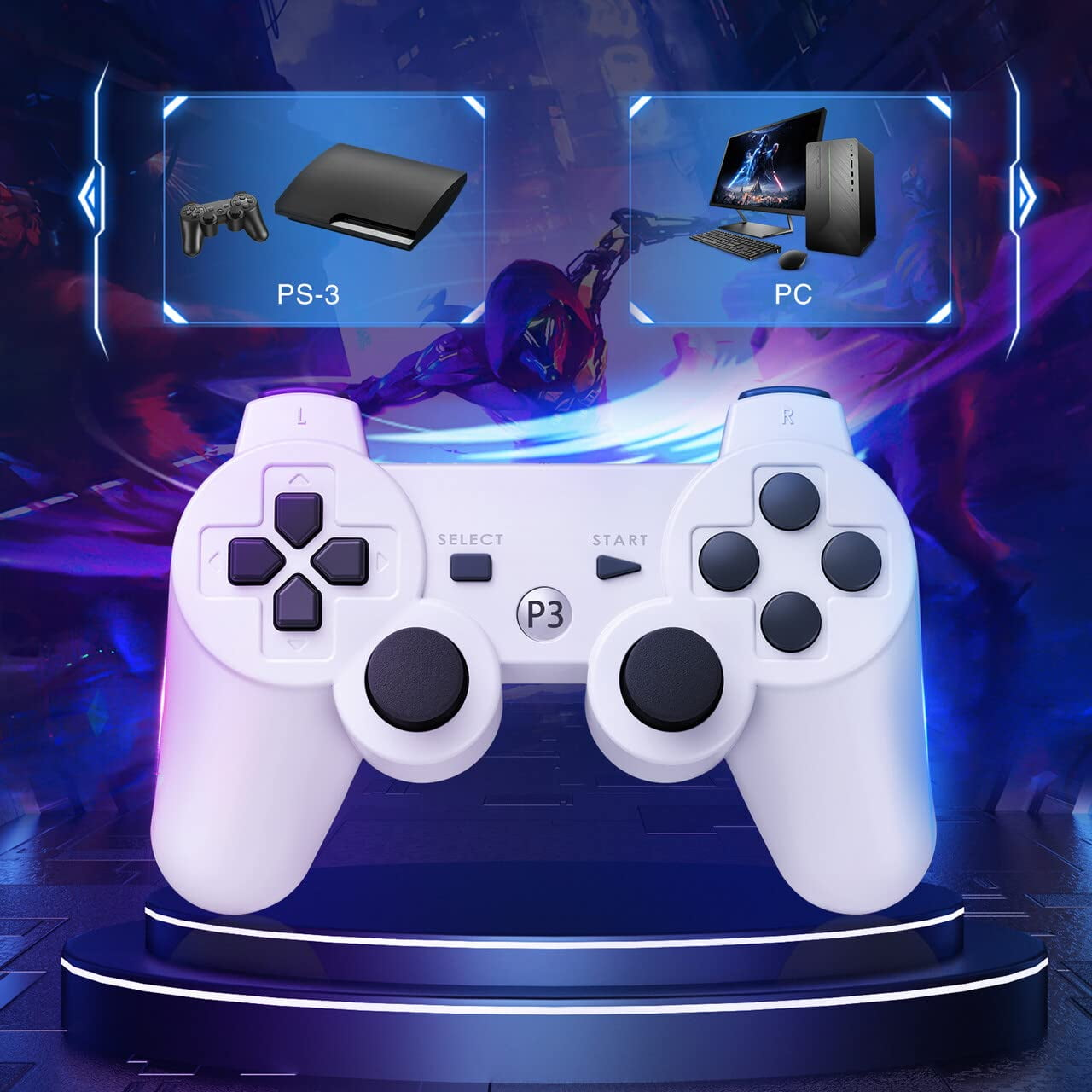 Weißer Gamecontroller mit PS-3- und PC-Grafik. Der Controller befindet sich auf einer blauen Plattform.