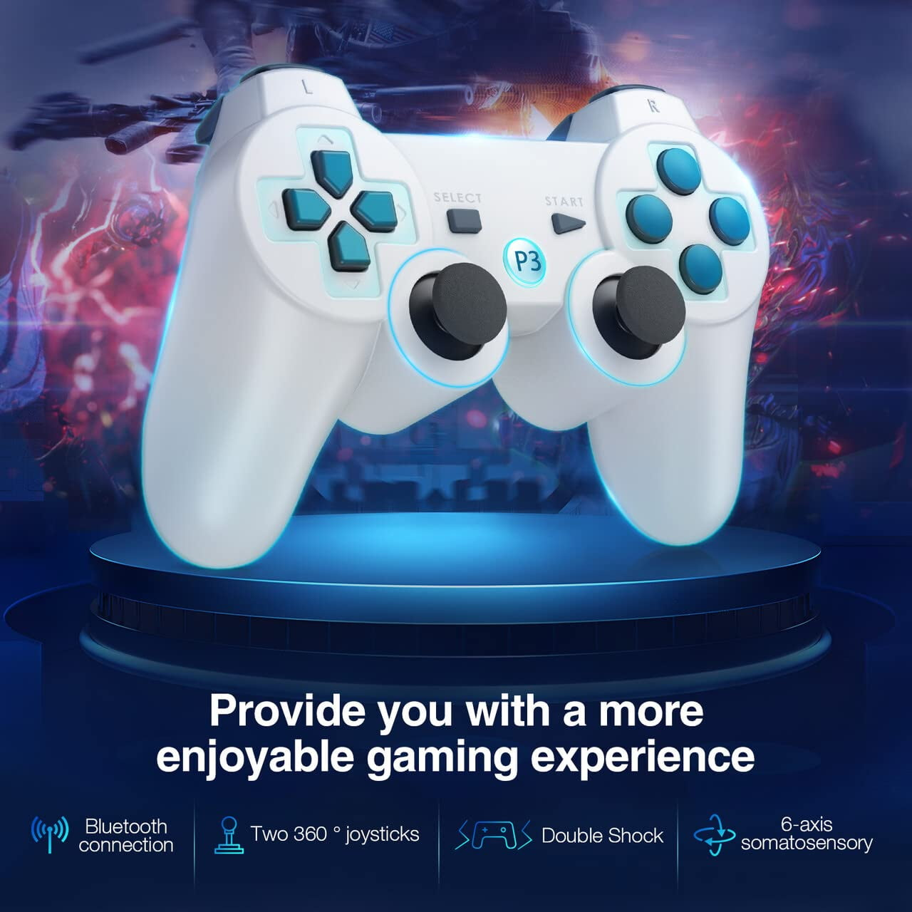 Weißer Gamecontroller mit blauen Akzenten. Der Controller wird auf einer blauen Plattform angezeigt.