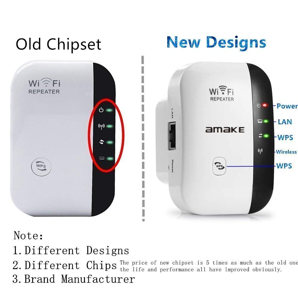 Zwei weiße WLAN-Repeater-Geräte. Das linke hat die Aufschrift 'Old Chipset' und grüne Lichter. Das rechte ist ein 'New Design'.