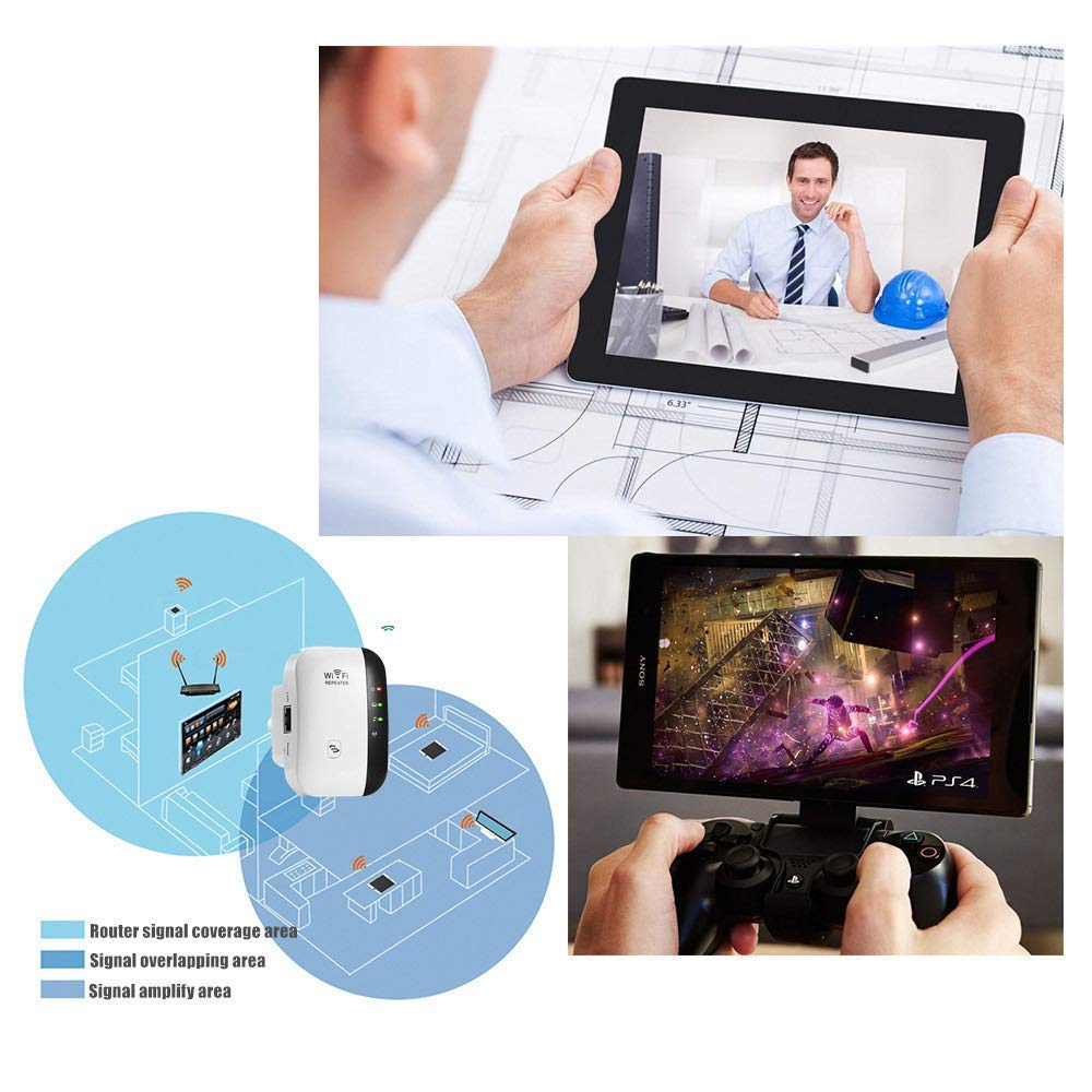 Das Bild zeigt ein Tablet mit Videoanruf, einer Spielsitzung und WLAN-Signaldiagrammen. WLAN-Router in der Mitte.
