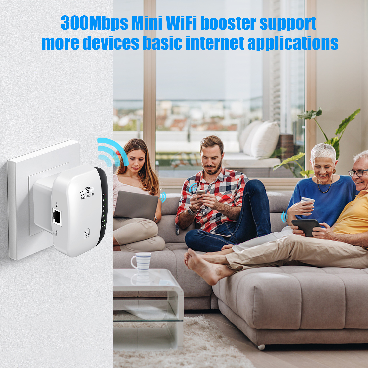 Ein weißer WLAN-Extender, der in eine Wand gesteckt ist. Personen sitzen auf einem Sofa und nutzen Geräte. Text sagt '300Mbit/s Mini WiFi Booster'.