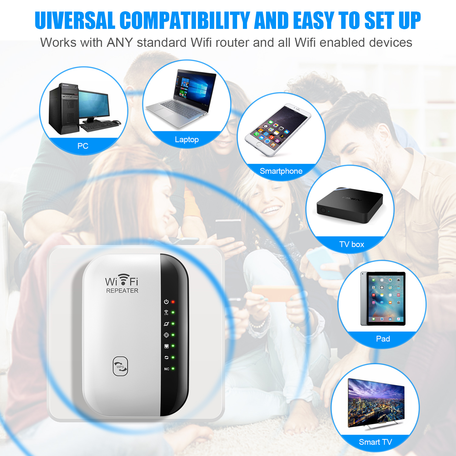 Ein WLAN-Repeater, umgeben von Geräten wie PC, Laptop, Smartphone, TV-Box, Pad und Smart-TV.