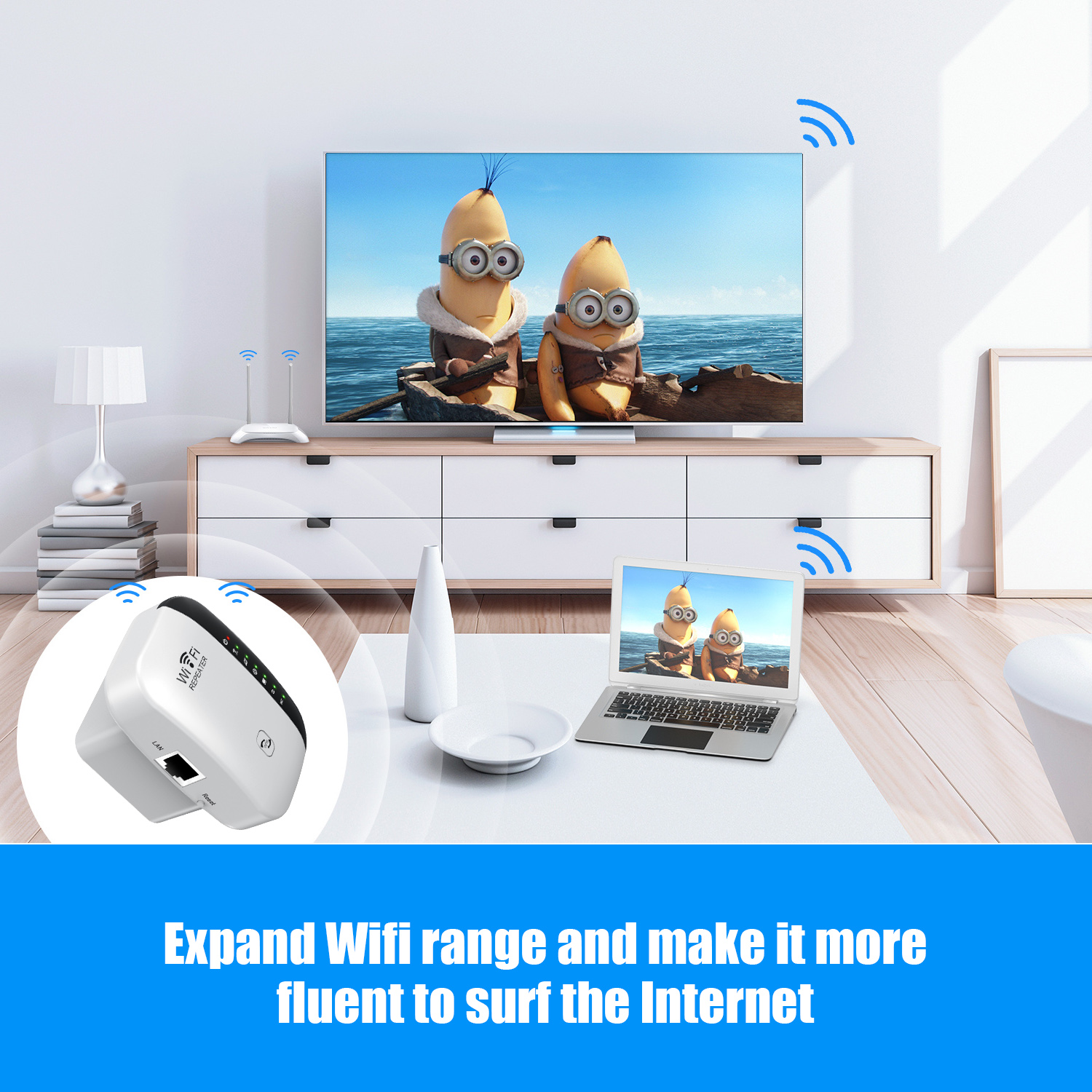 Ein WLAN-Extender an einer Wand, mit Laptop und Fernseher, die Minions zeigen. Text: 'Erweitern Sie die WLAN-Reichweite und machen Sie sie flüssig'.