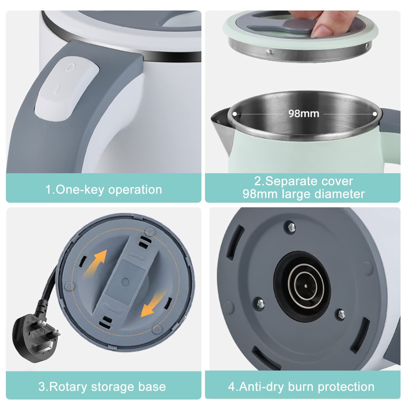 Elektrischer Wasserkocher in Weiß und Grau, mit Griff, Ein-Aus-Taste und Sockel mit Stecker.