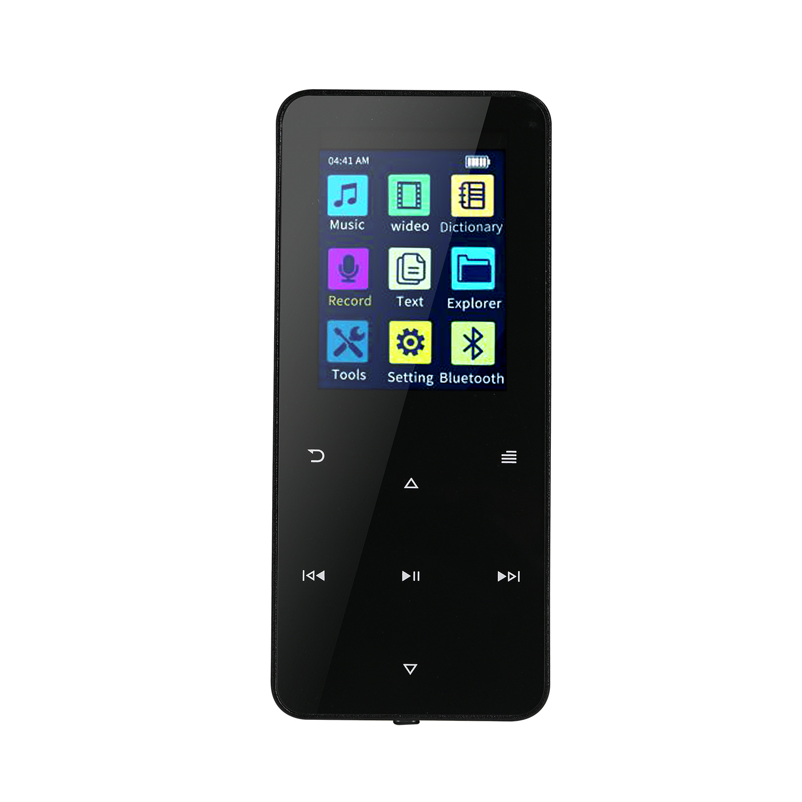 Schwarzer MP3-Player mit Bildschirm, der Symbole anzeigt, mit Bedientasten darunter.