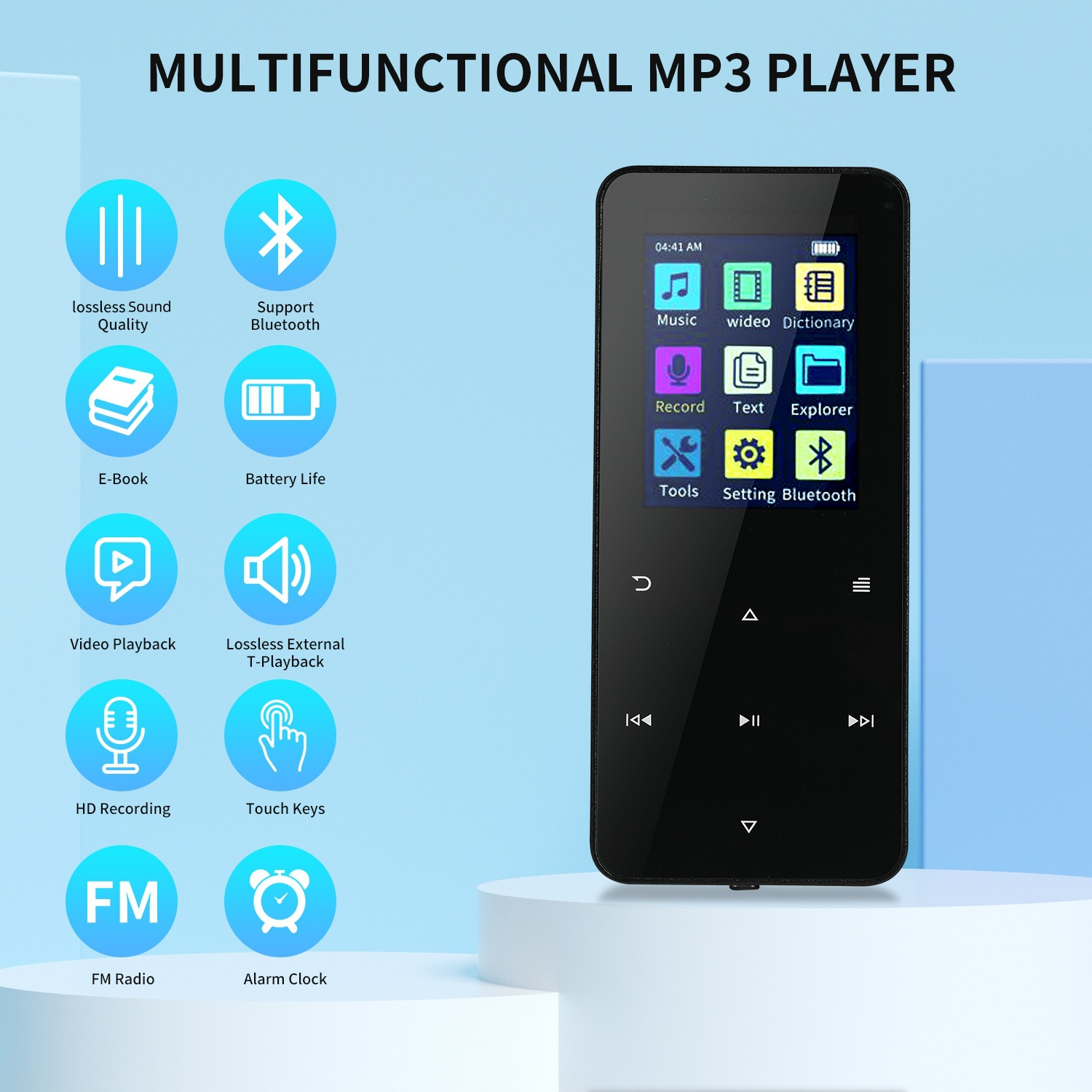 Multifunktionaler MP3-Player mit Symbolen für Funktionen: Musik, Video, Bluetooth, E-Book, UKW-Radio und mehr. Schwarz.