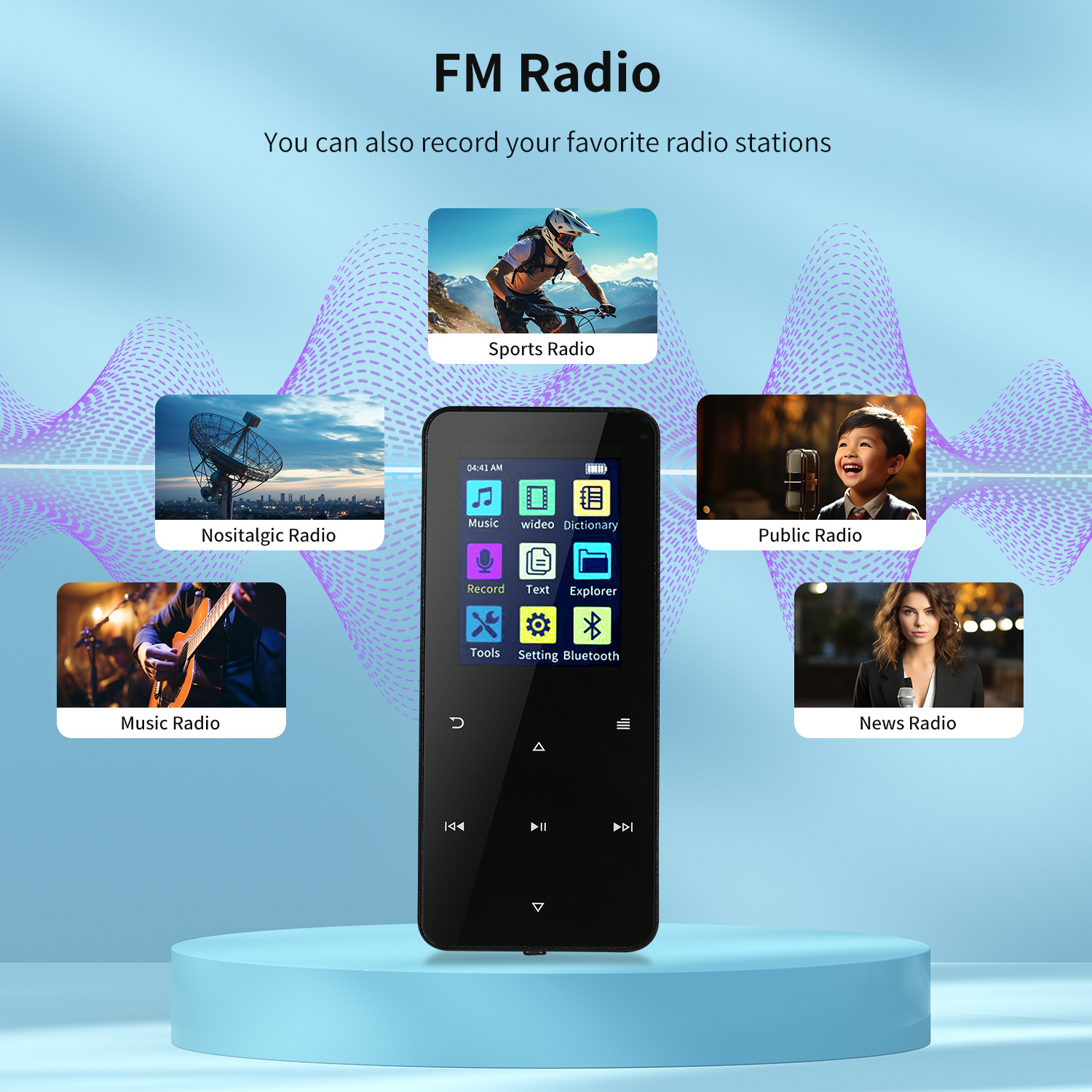 Schwarzer MP3-Player mit Farbbildschirm, mit Radiosymbolen und Bildern von Radioszenarien.