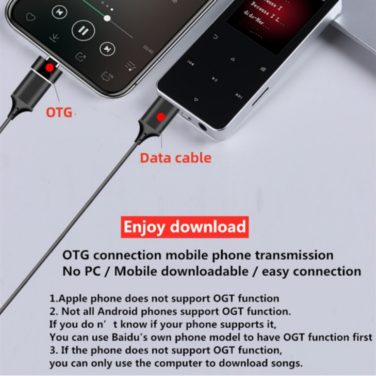 Telefon über ein Datenkabel mit einem MP3-Player verbunden. Text erklärt OTG-Verbindung und Einschränkungen.