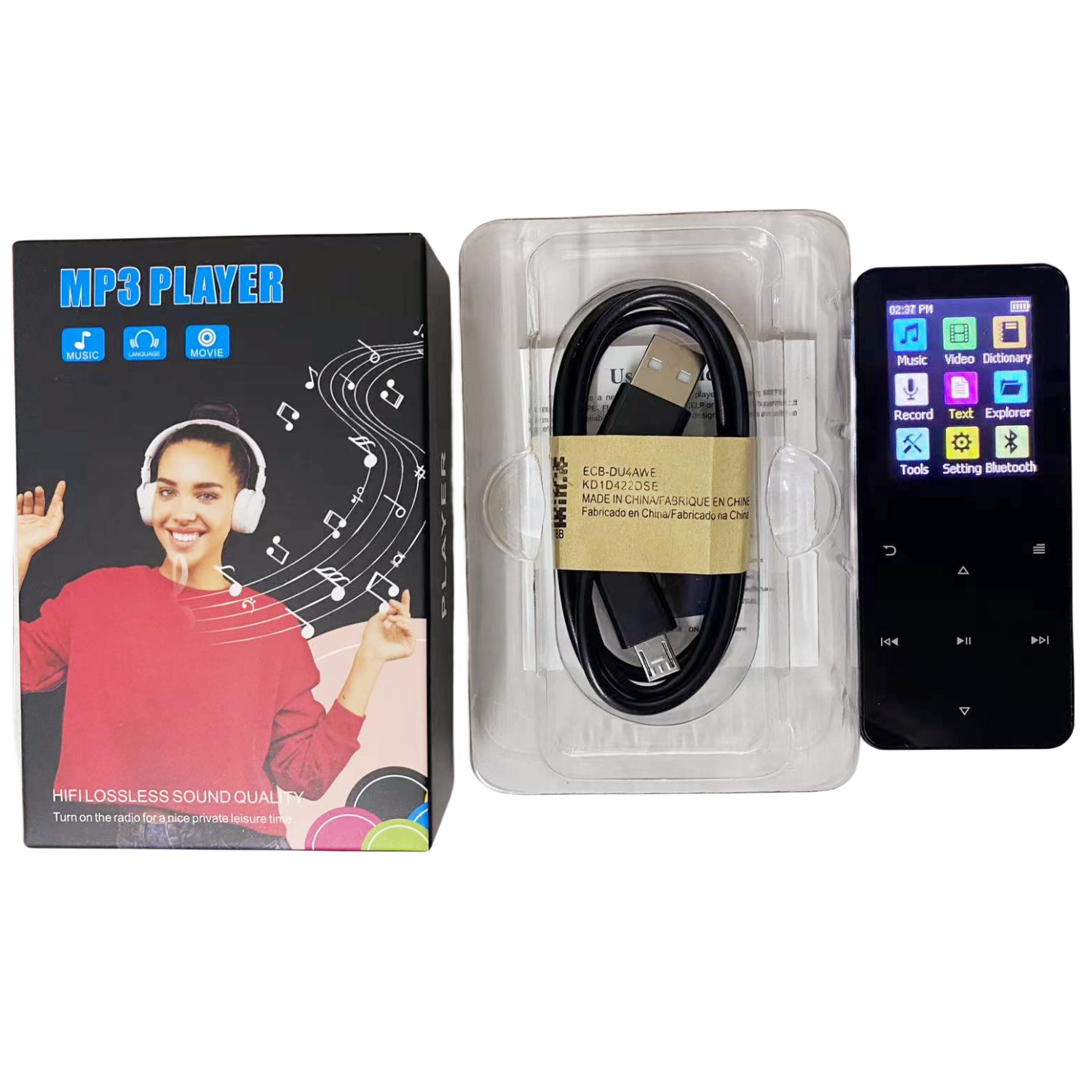 MP3-Player mit Box und Ladegerät, zeigt eine Frau mit Kopfhörern und die Oberfläche des Geräts.