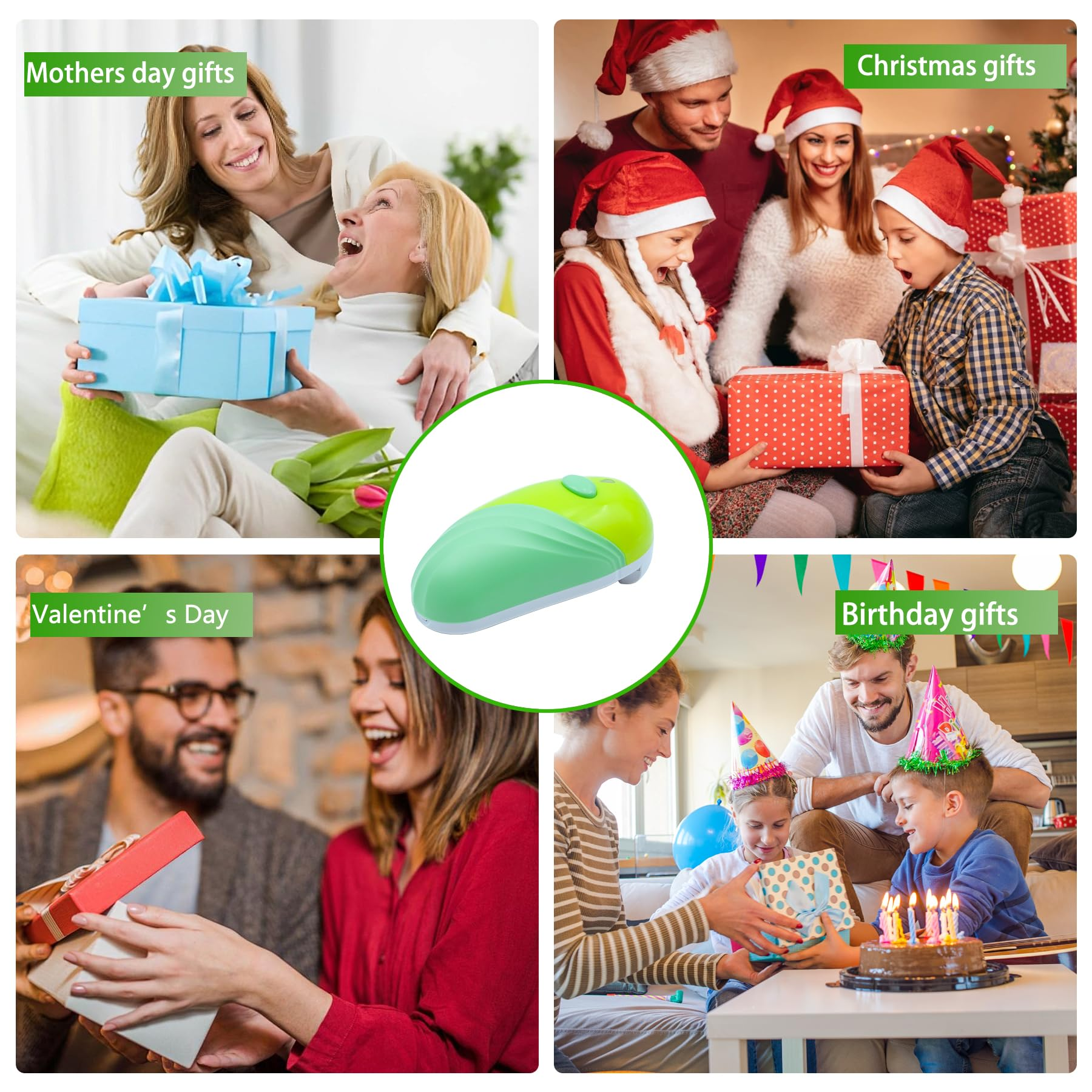 Vier Szenen zeigen Geschenkvergabe: Muttertag, Weihnachten, Valentinstag und Geburtstag. Jede Szene zeigt Menschen und Geschenke.