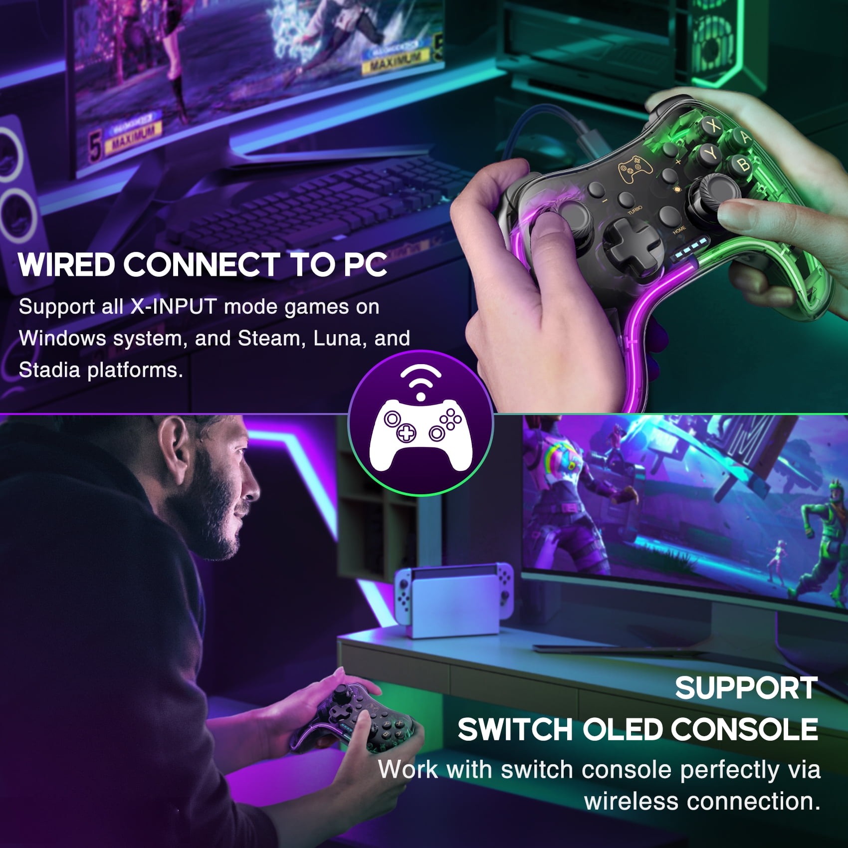 Hände halten Gamecontroller, mit PC- und Switch OLED-Konsolen-Grafiken.