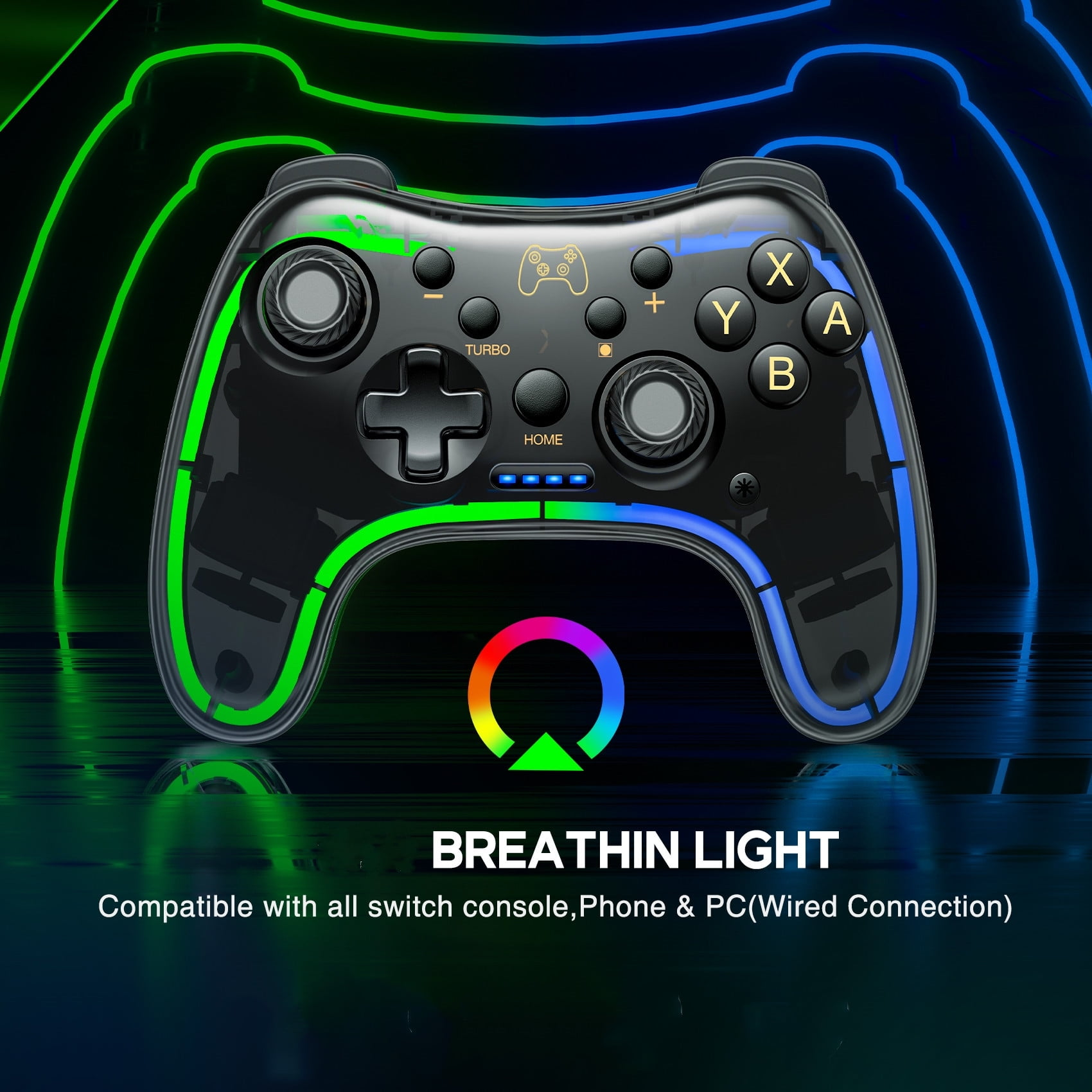 Schwarzer Gamecontroller mit bunten Lichtern, mehreren Tasten.