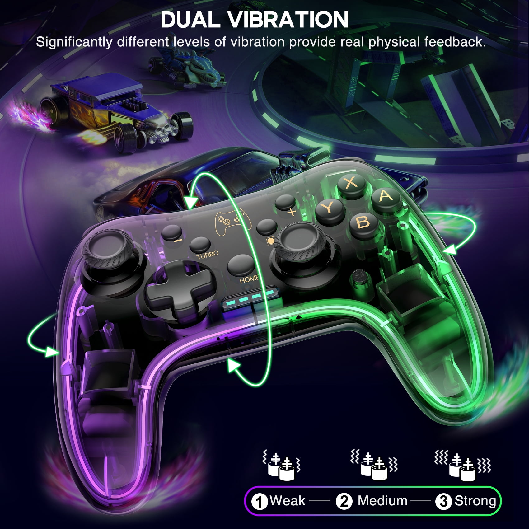 Ein Gaming-Controller mit transparentem Gehäuse, der interne Komponenten zeigt. Er hat Tasten und ein Richtungspad, mit Text.