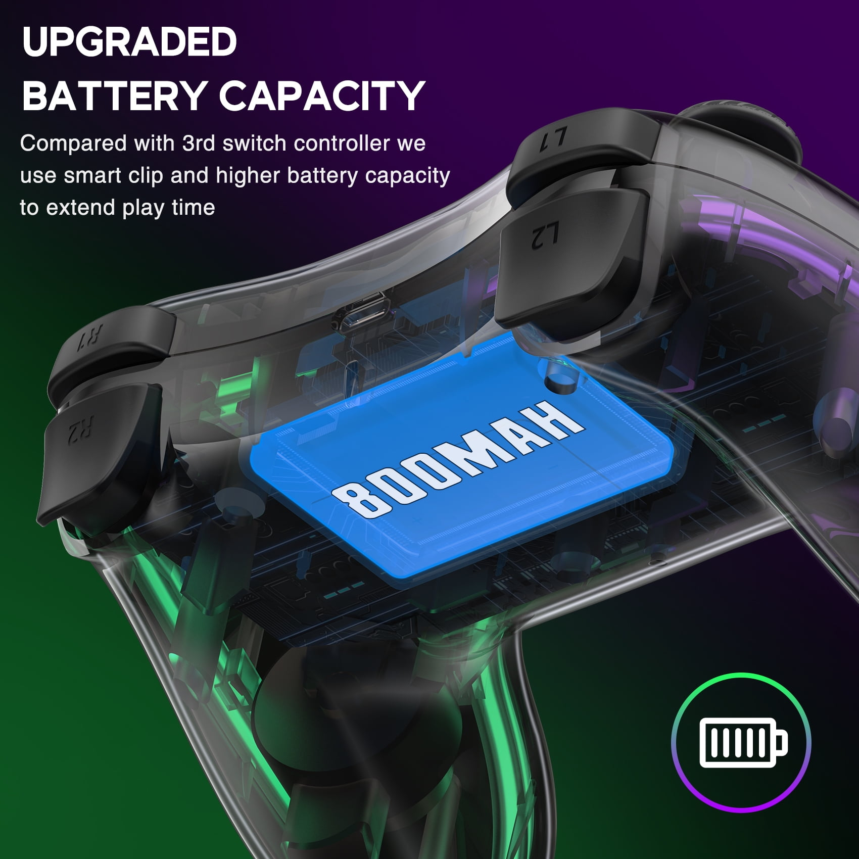 Gamecontroller, der die Batterie zeigt, mit einer blauen 800MAH-Batteriekapazität.