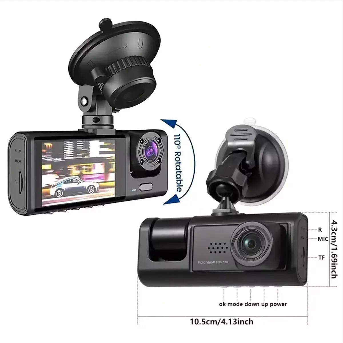 Dashcam mit zwei Befestigungsmöglichkeiten. Schwarz, mit Bildschirm und Kamera. Weißer Hintergrund mit Messungen.