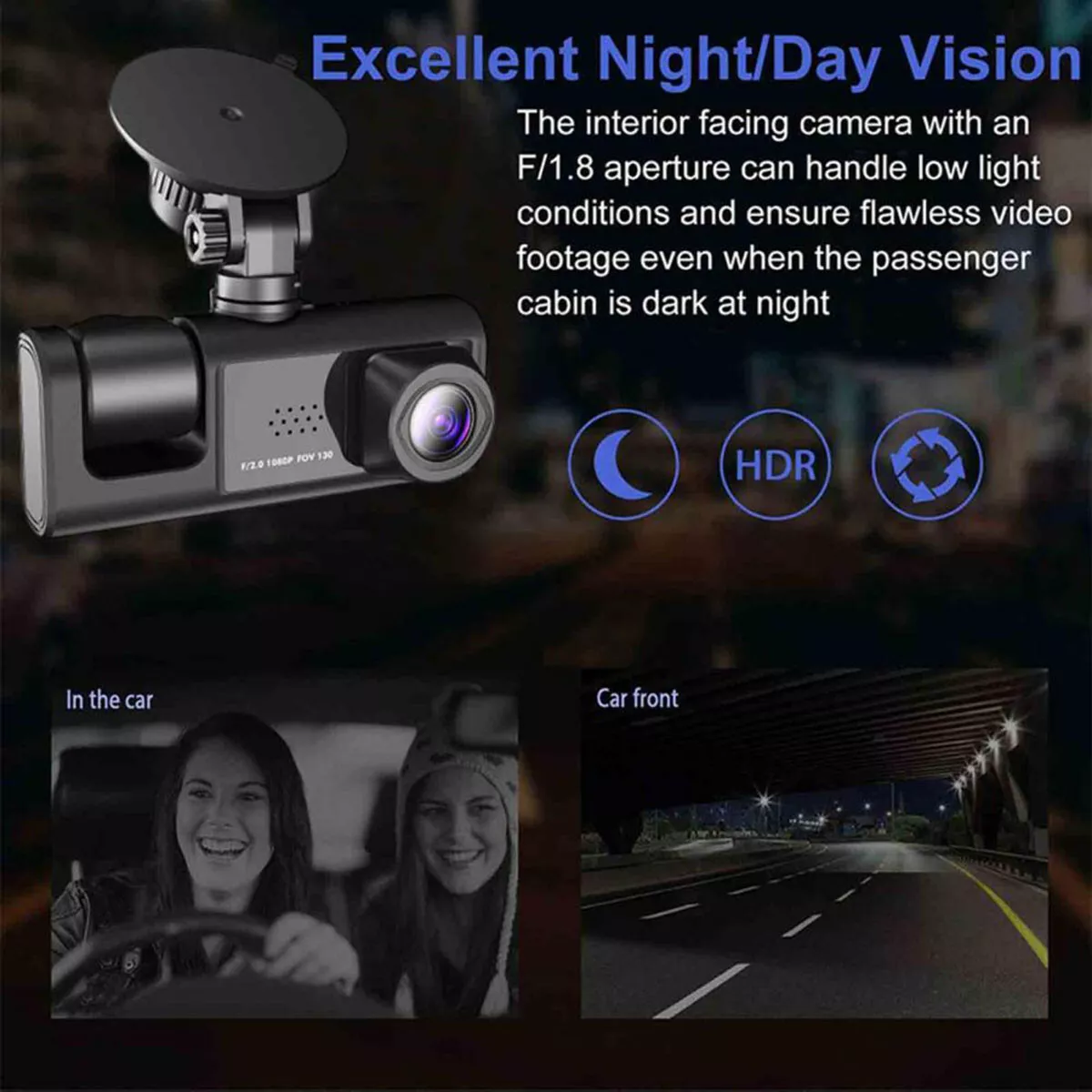 Dashcam mit Front-, Innenraum- und Fahrzeugfrontansichten. Zu den Funktionen gehören Kamera, HDR und Nachtsicht.